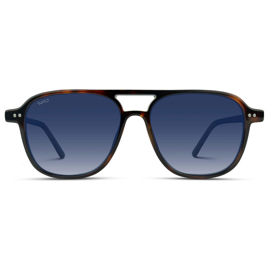 Whiskey Brown Tortoise / Blue Gradient Lens ||  Unisex Square Frame Sunglasses in Whiskey Brown Tortoise with Blue Gradient Polarized Lenses