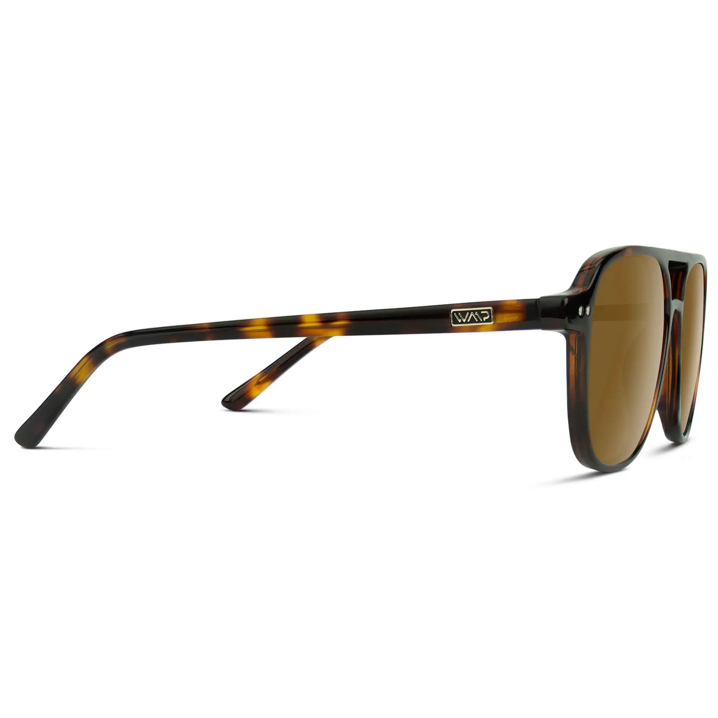 Whiskey Brown Tortoise / Amber || Temple view of Women's Square Frame Prescription Sunglasses in Whiskey Brown Tortoise with Amber Lens on a white background 