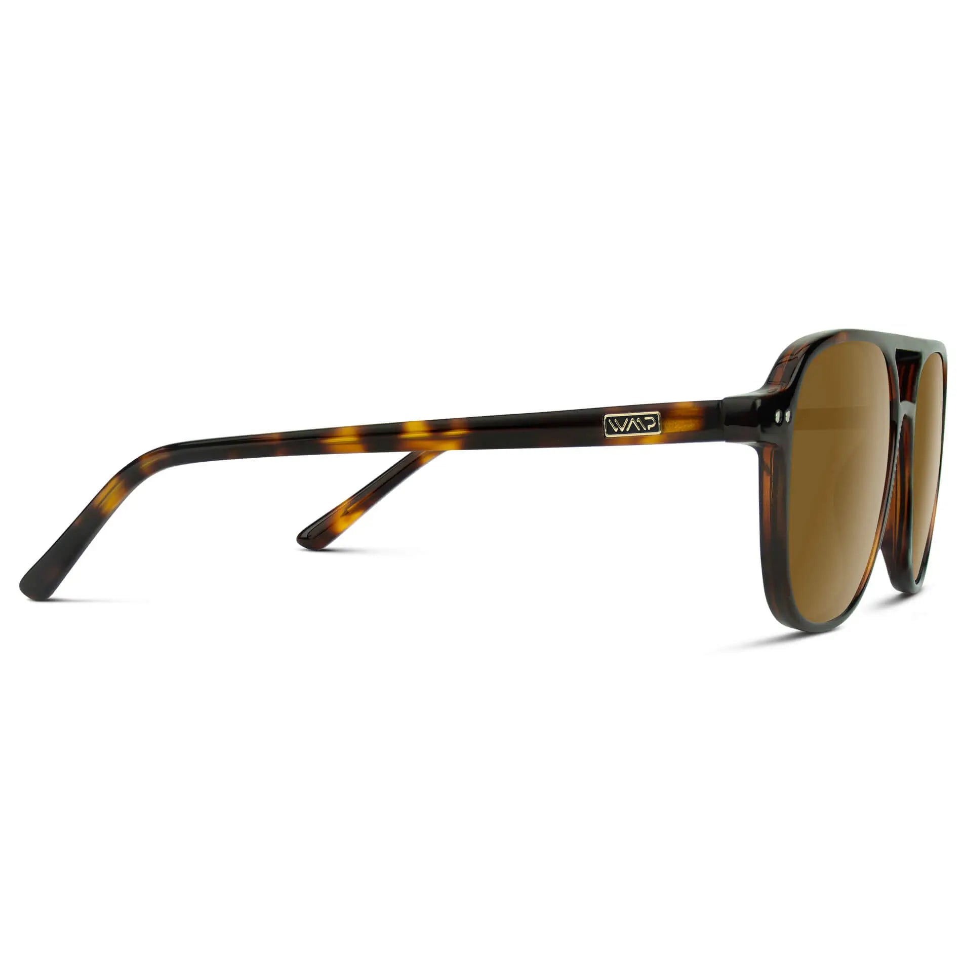Whiskey Brown Tortoise / Amber || Temple view of Women's Square Frame Prescription Sunglasses in Whiskey Brown Tortoise with Amber Lens on a white background 