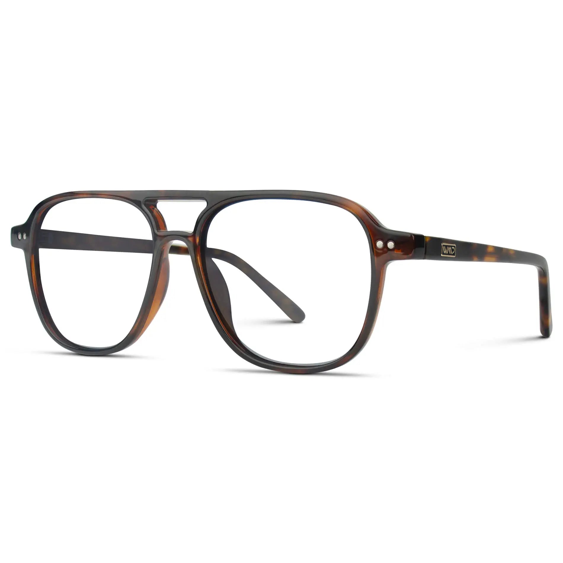 Whiskey Brown Tortoise || Side view of Women's Oversized Aviator Prescription Glasses with Whiskey Brown Tortoise Frame and Clear Lenses on a white background