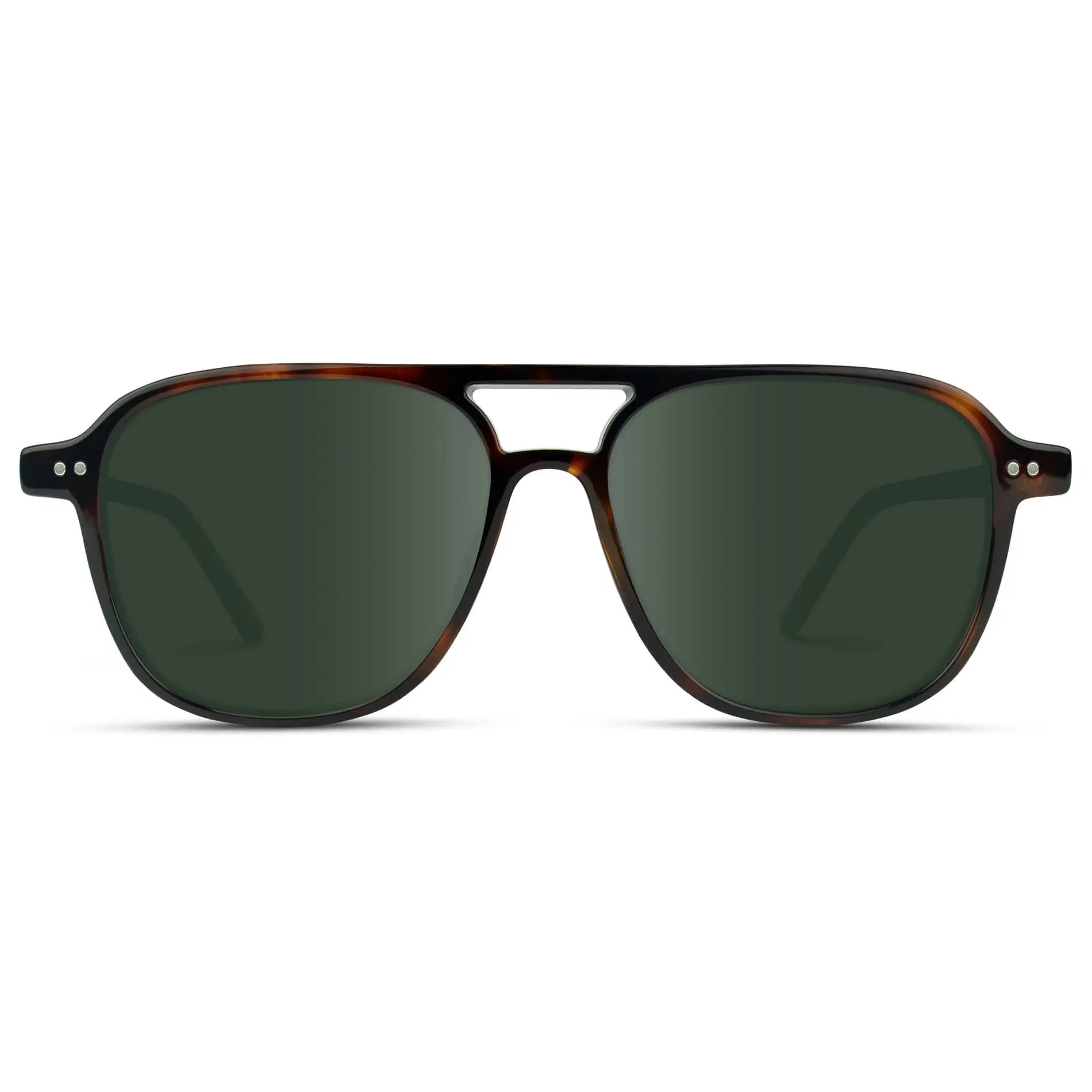 Whiskey Brown Tortoise / G15 || Women's Square Frame Prescription Sunglasses in Whiskey Brown Tortoise with Green Lens on a white background