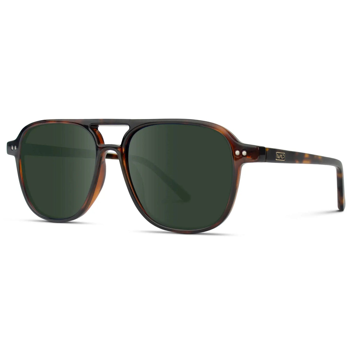Whiskey Brown Tortoise / G15 || Side view of Women's Square Frame Prescription Sunglasses in Whiskey Brown Tortoise with Green Lens on a white background