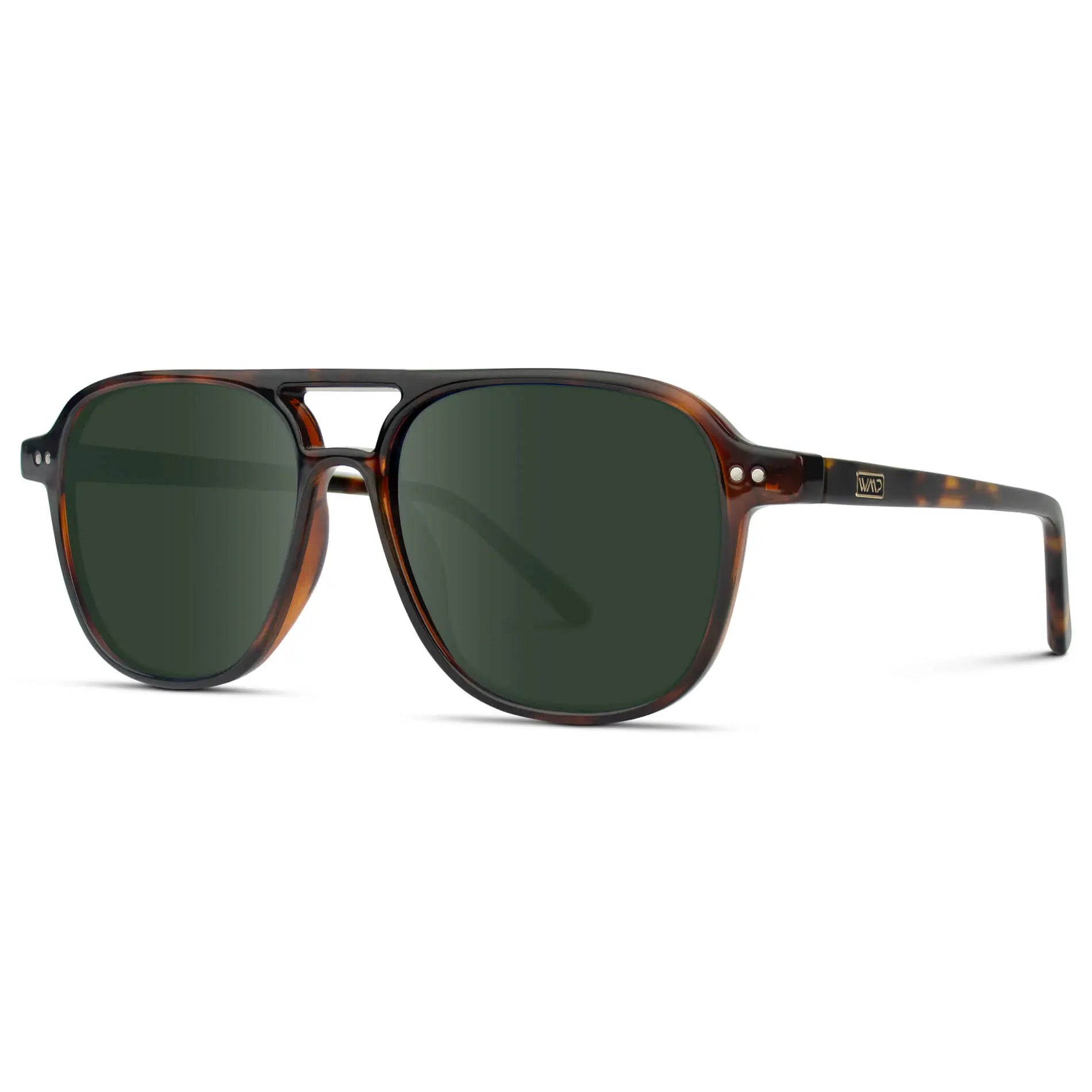 Whiskey Brown Tortoise / G15 || Side view of Women's Square Frame Prescription Sunglasses in Whiskey Brown Tortoise with Green Lens on a white background