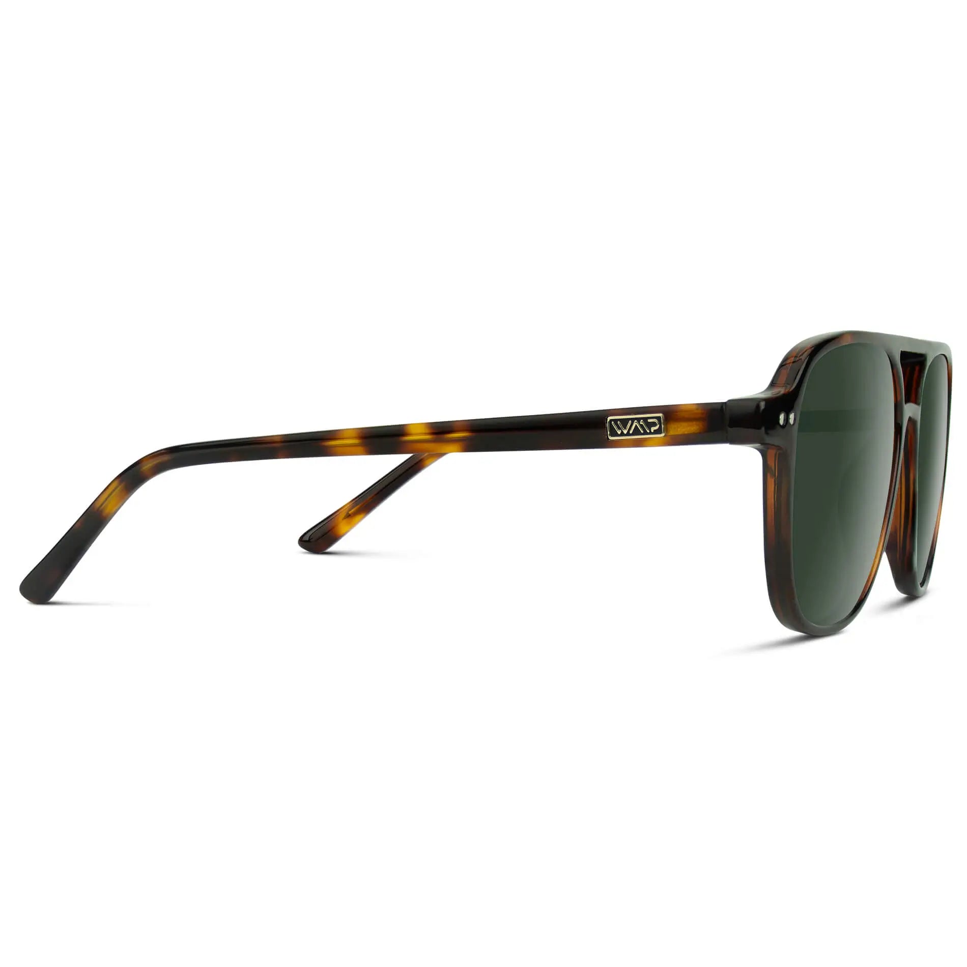 Whiskey Brown Tortoise / G15 || Temple view of Women's Square Frame Prescription Sunglasses in Whiskey Brown Tortoise with Green Lens on a white background