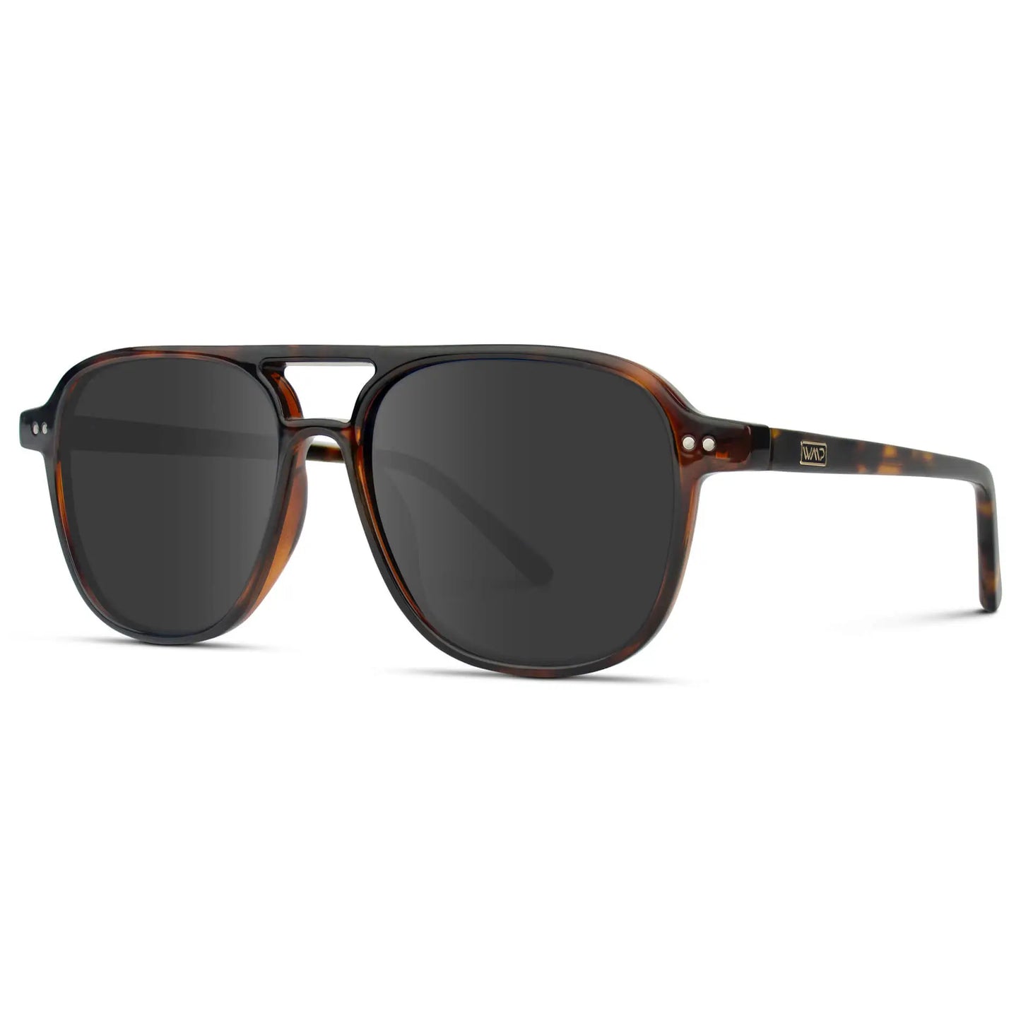 Whiskey Brown Tortoise / Grey || Side view of Women's Square Frame Prescription Sunglasses in Whiskey Brown Tortoise with Grey Lens on a white background