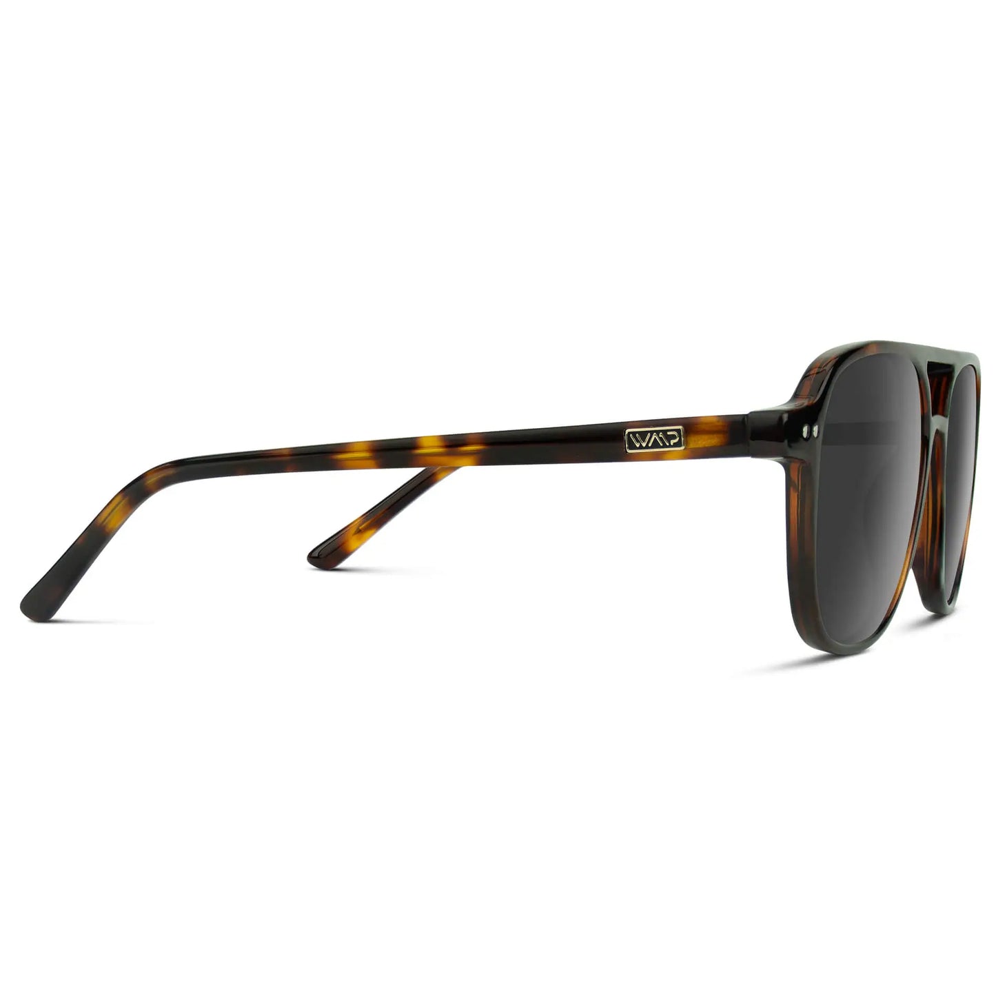 Whiskey Brown Tortoise / Grey || Temple view of Women's Square Frame Prescription Sunglasses in Whiskey Brown Tortoise with Grey Lens on a white background