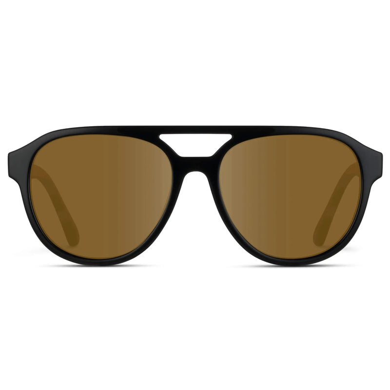 Black / Amber || Front view of Men's Aviator Style Prescription Sunglasses with Black Frame and Brown Prescription Lenses