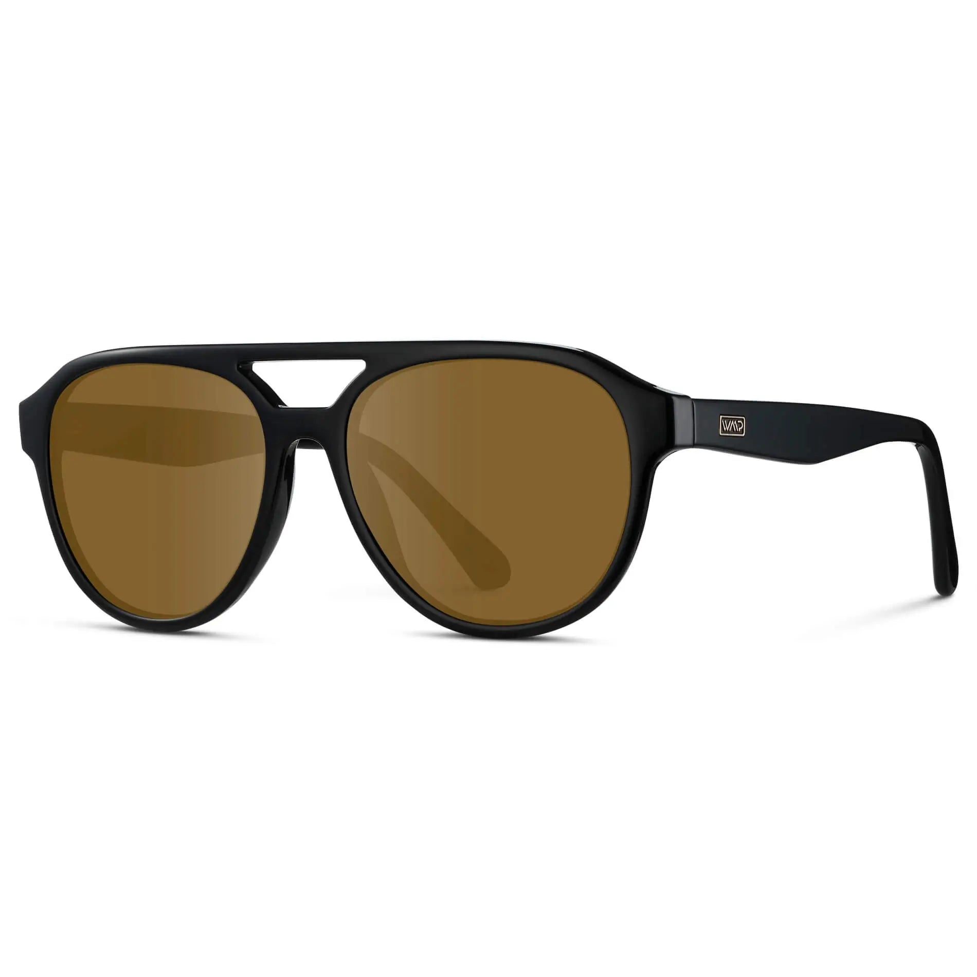Black / Amber || Side view of Men's Aviator Style Prescription Sunglasses with Black Frame and Brown Prescription Lenses