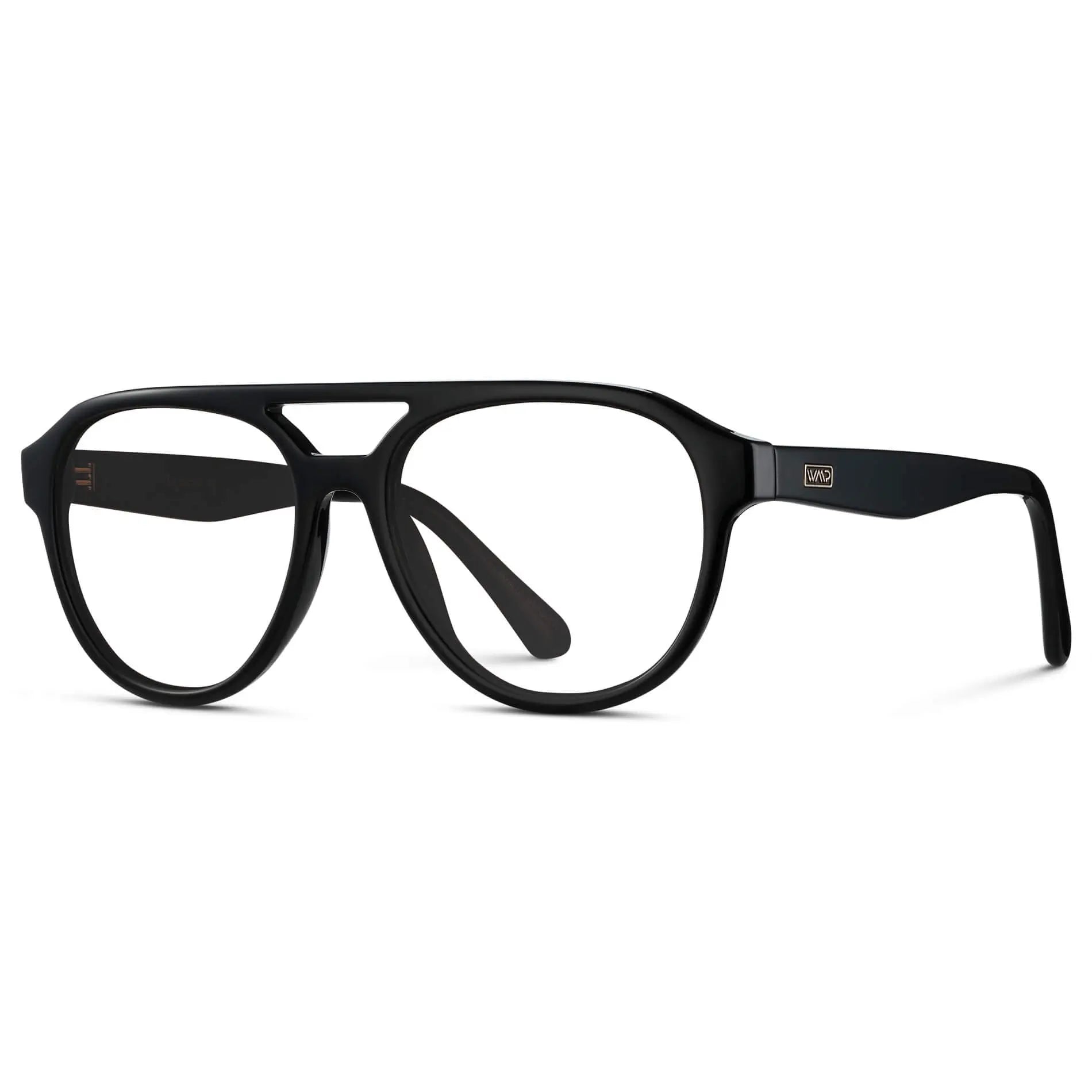 Black || Side view of Men's Aviator Prescription Glasses with Black Frame and Clear Lenses on a white background