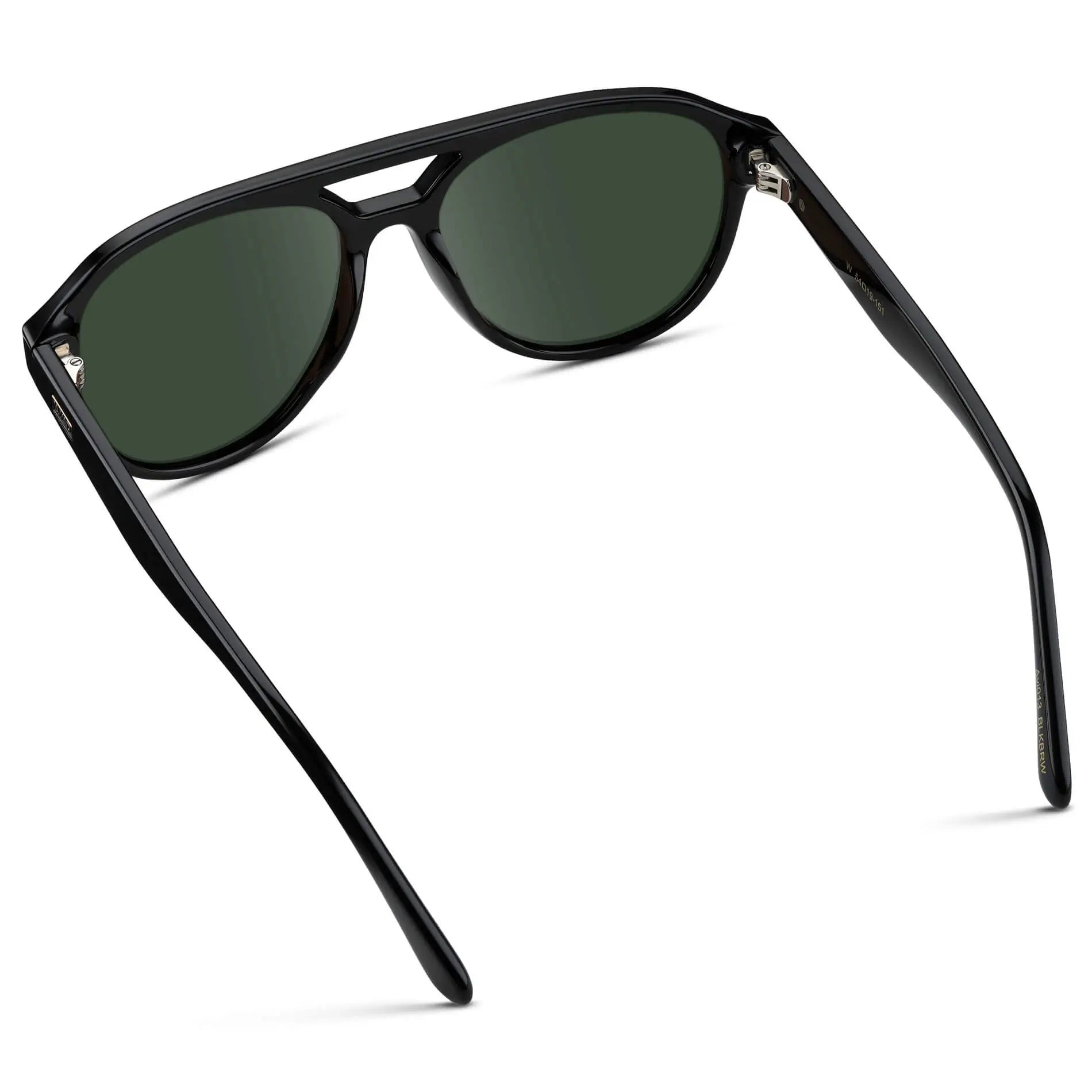 Black / G15 || Back view of Men's Aviator Style Prescription Sunglasses with Black Frame and Green Prescription Lenses