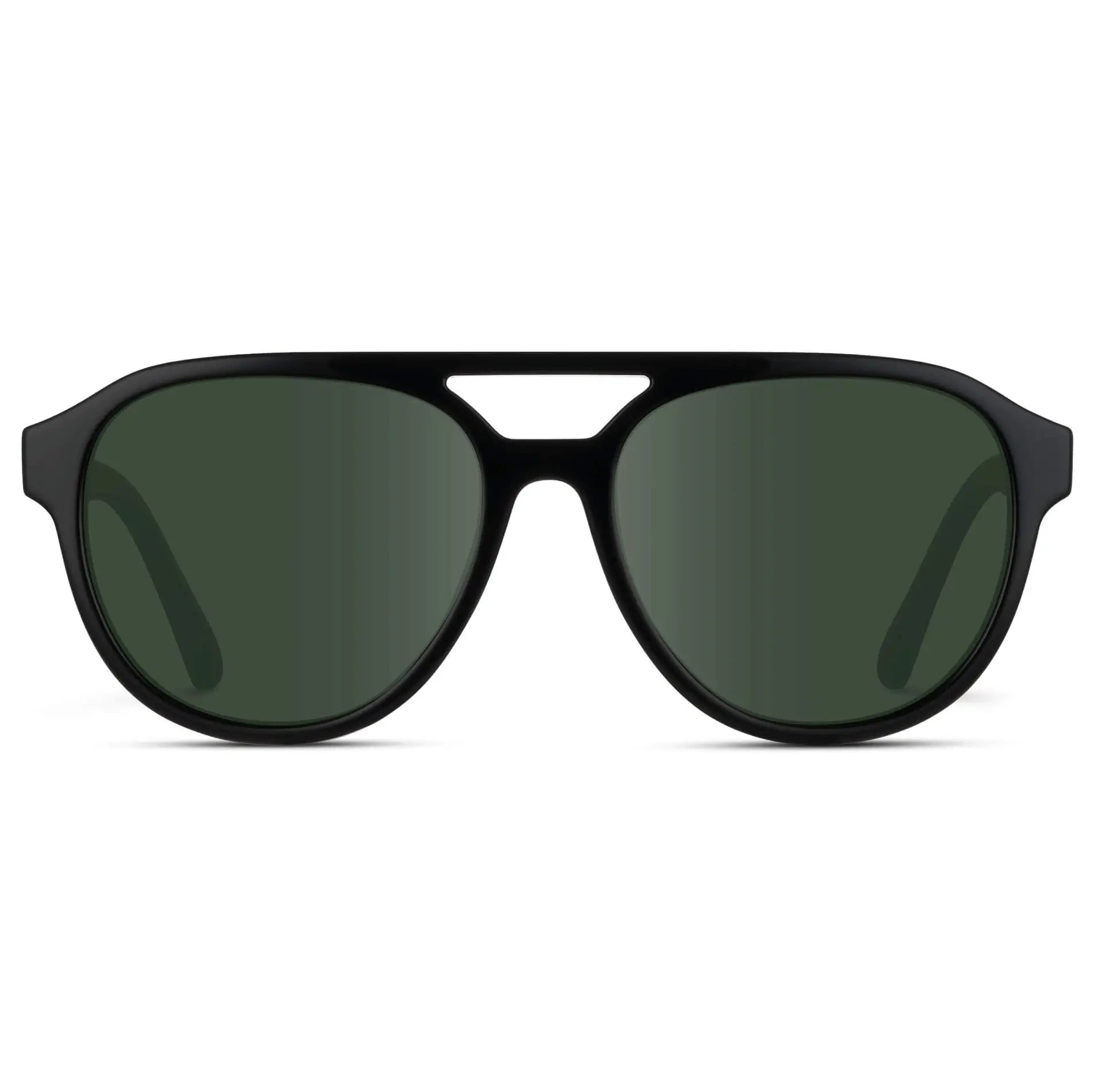 Black / G15 || Front view of Men's Aviator Style Prescription Sunglasses with Black Frame and Green Prescription Lenses