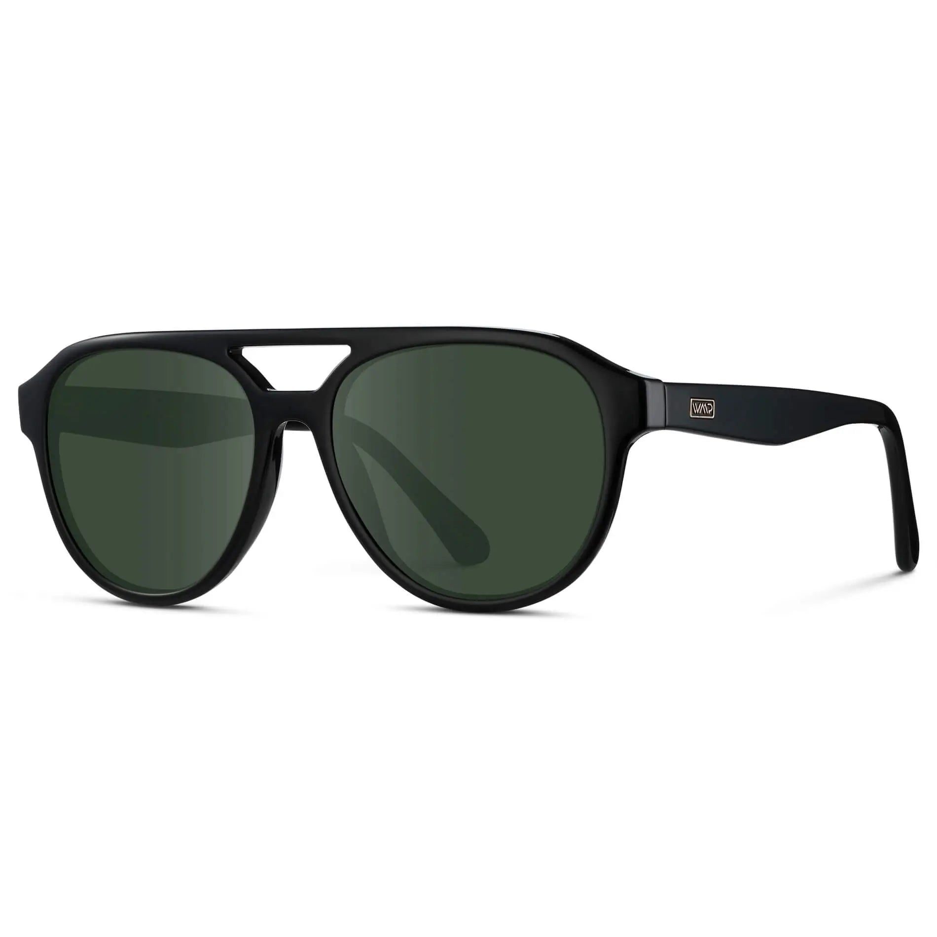 Black / G15 || Side view of Men's Aviator Style Prescription Sunglasses with Black Frame and Green Prescription Lenses