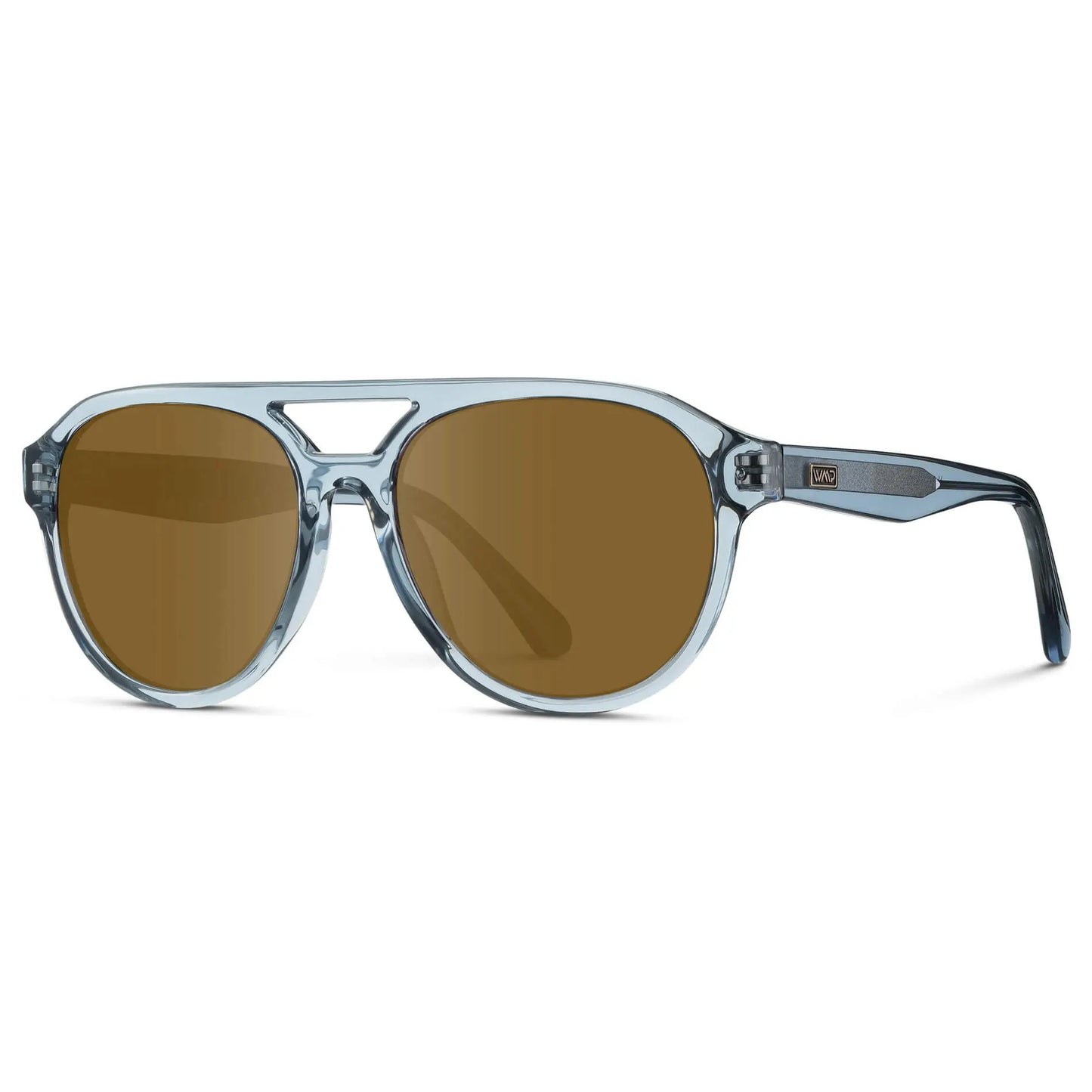 Denim Blue / Amber || Side view of Men's Aviator Style Prescription Sunglasses with Blue Frame and Brown Prescription Lenses
