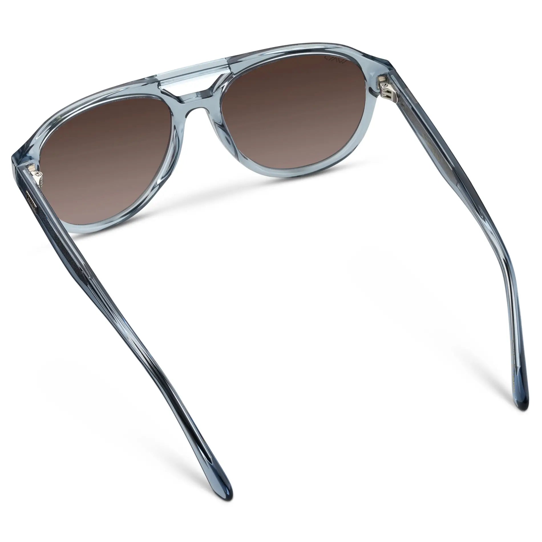 Denim Blue / Brown Gradient Lens || Back view of Blue Aviator Frame Sunglasses with Brown Polarized Lenses on a white background
