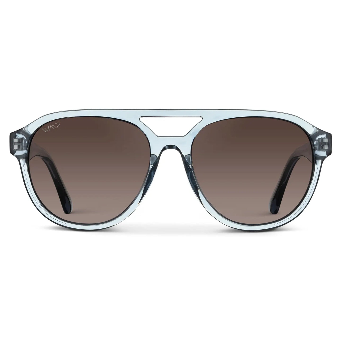 Denim Blue / Brown Gradient Lens || Blue Aviator Frame Sunglasses with Brown Polarized Lenses on a white background