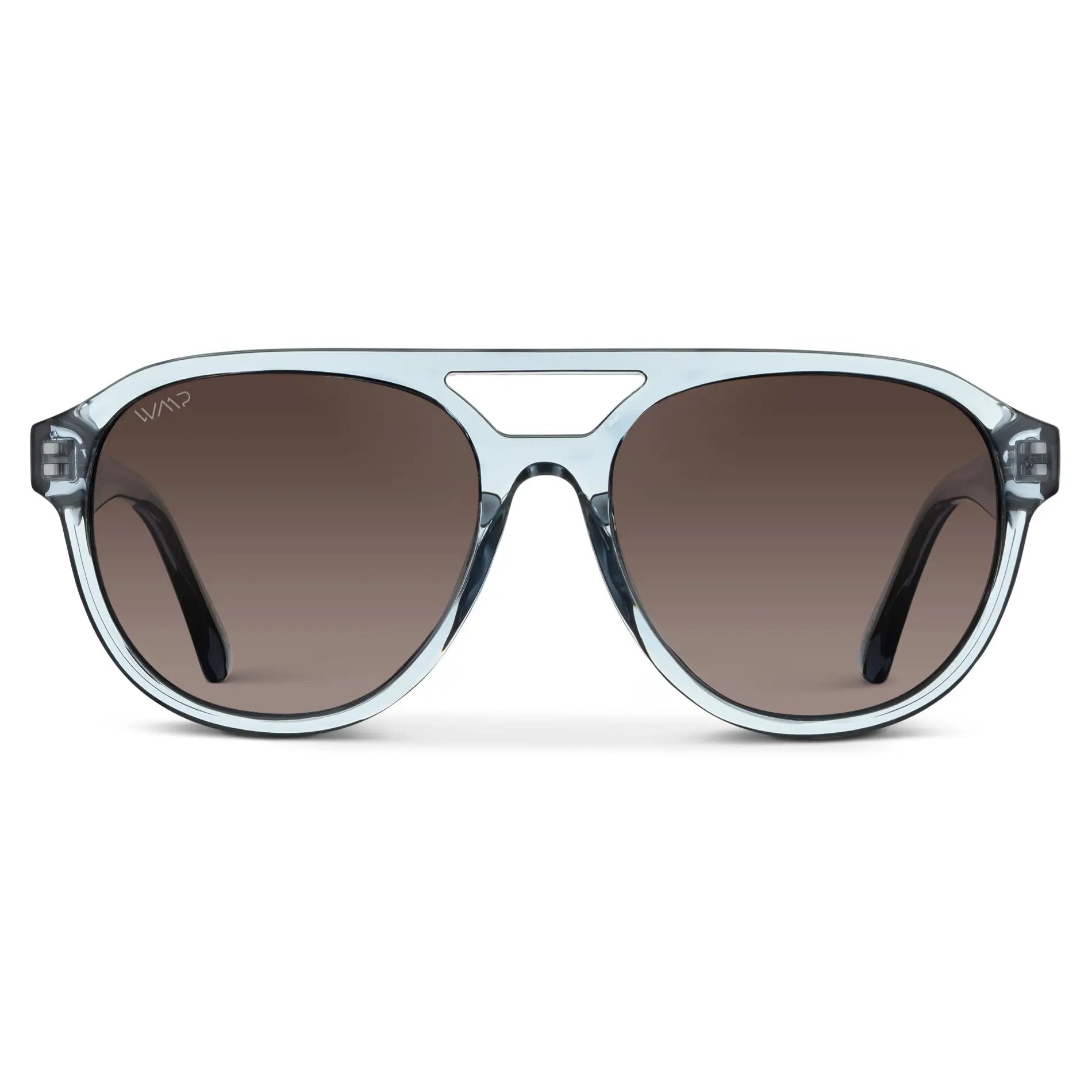 Denim Blue / Brown Gradient Lens || Blue Aviator Frame Sunglasses with Brown Polarized Lenses on a white background