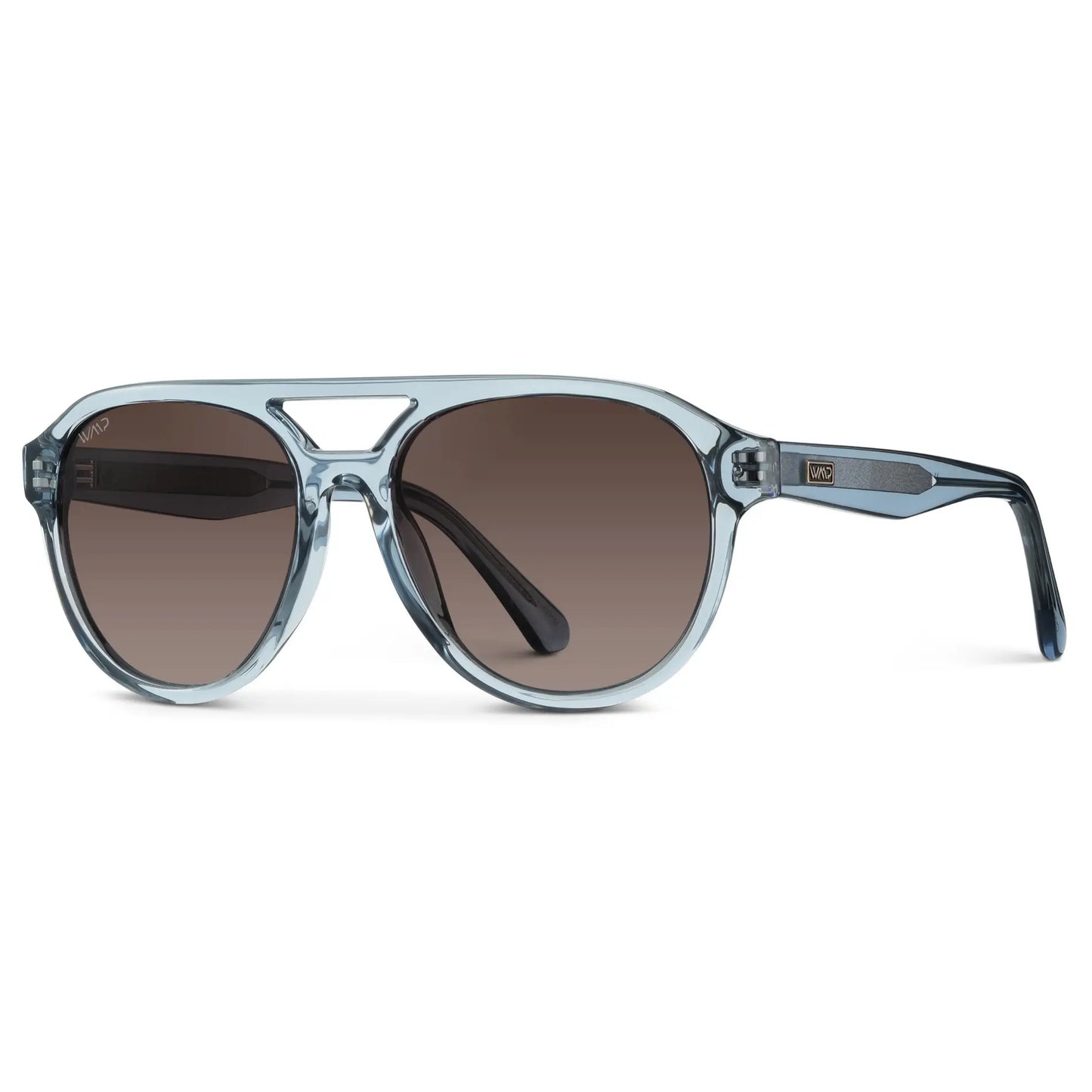 Denim Blue / Brown Gradient Lens || Side view of Blue Aviator Frame Sunglasses with Brown Polarized Lenses on a white background