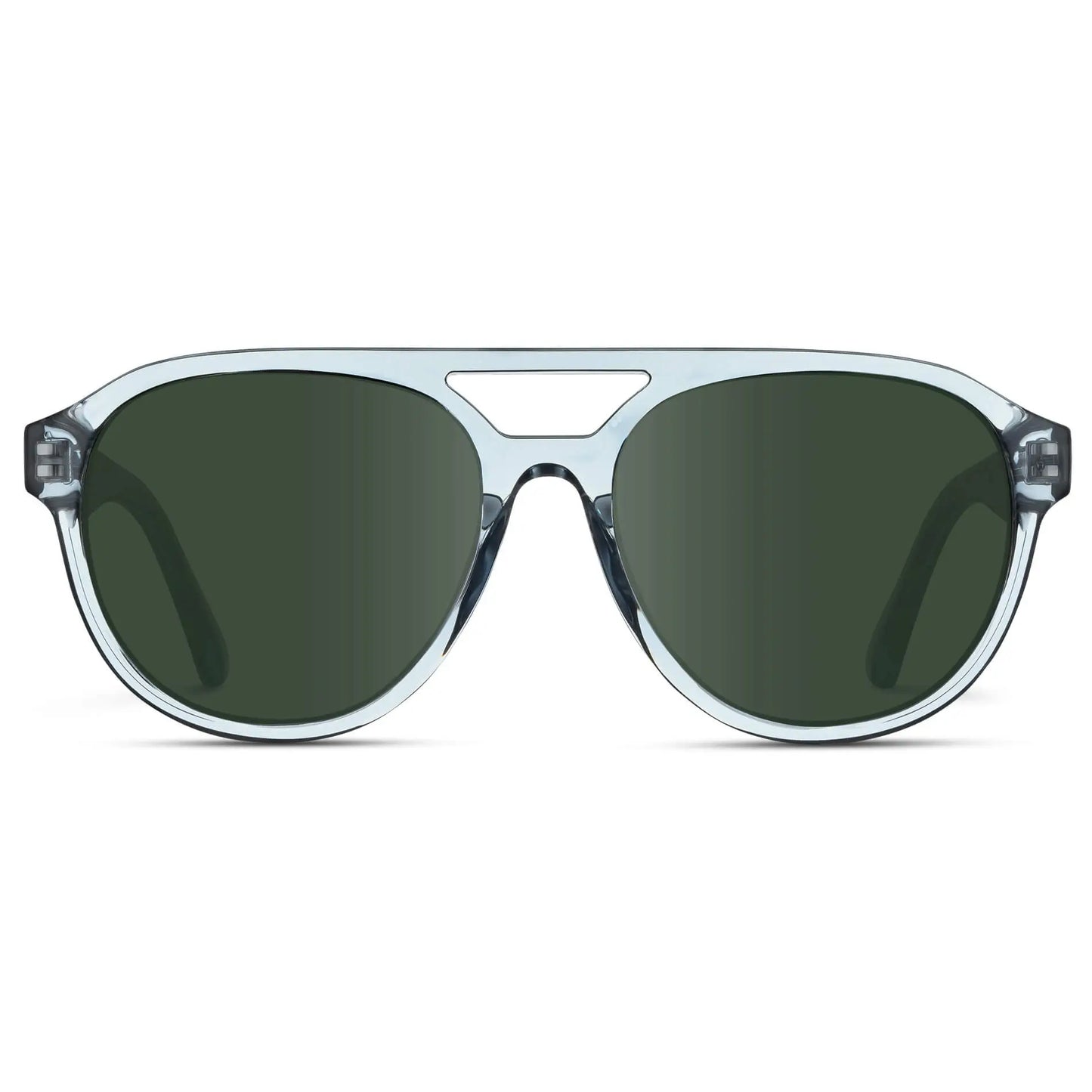 Denim Blue / G15 || Front view of Men's Aviator Style Prescription Sunglasses with Blue Frame and Green Prescription Lenses