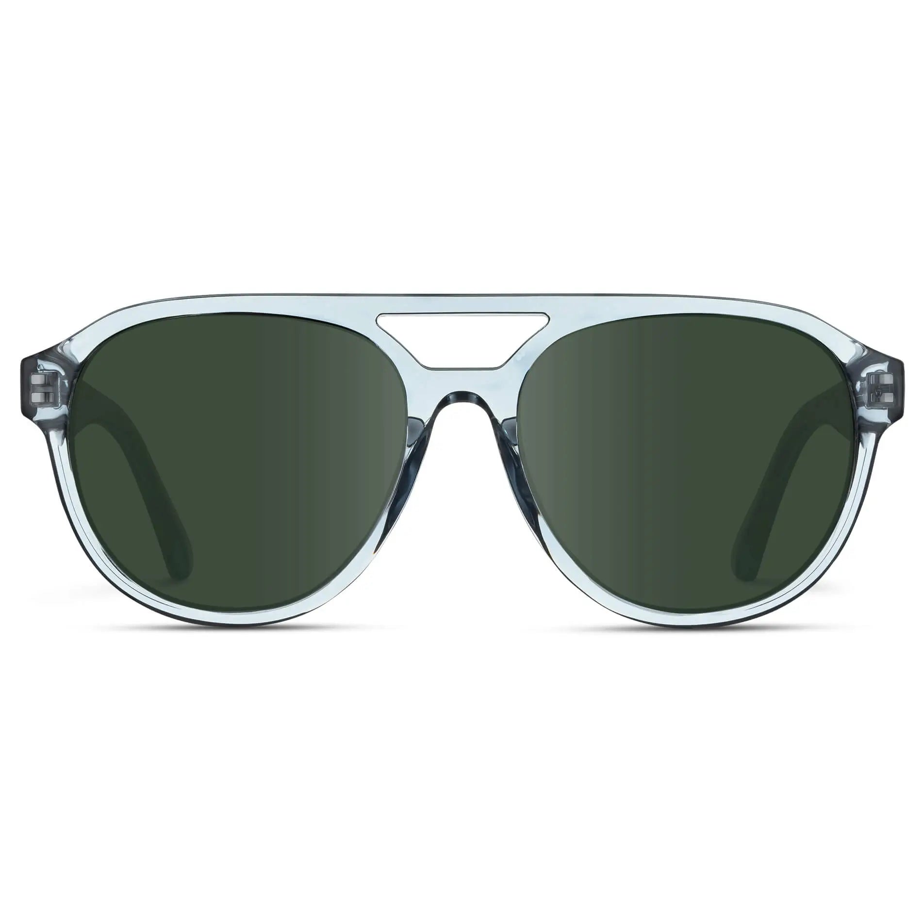 Denim Blue / G15 || Front view of Men's Aviator Style Prescription Sunglasses with Blue Frame and Green Prescription Lenses