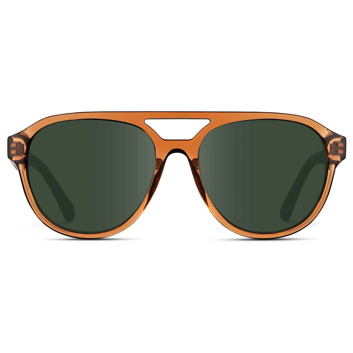 Crystal Copper / G15 || Front view of Men's Aviator Style Prescription Sunglasses with Brown Frame and Green Prescription Lenses