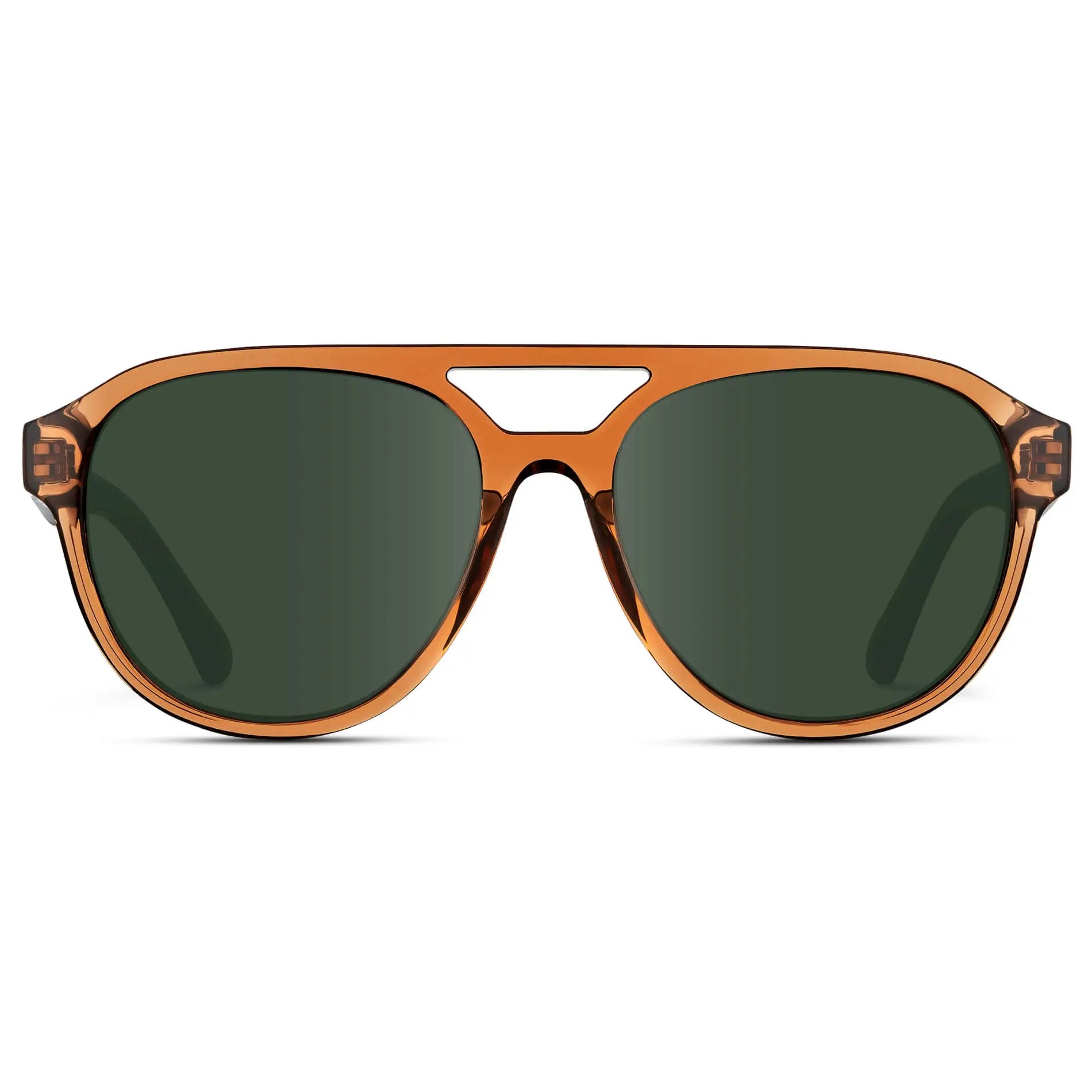 Crystal Copper / G15 || Front view of Men's Aviator Style Prescription Sunglasses with Brown Frame and Green Prescription Lenses
