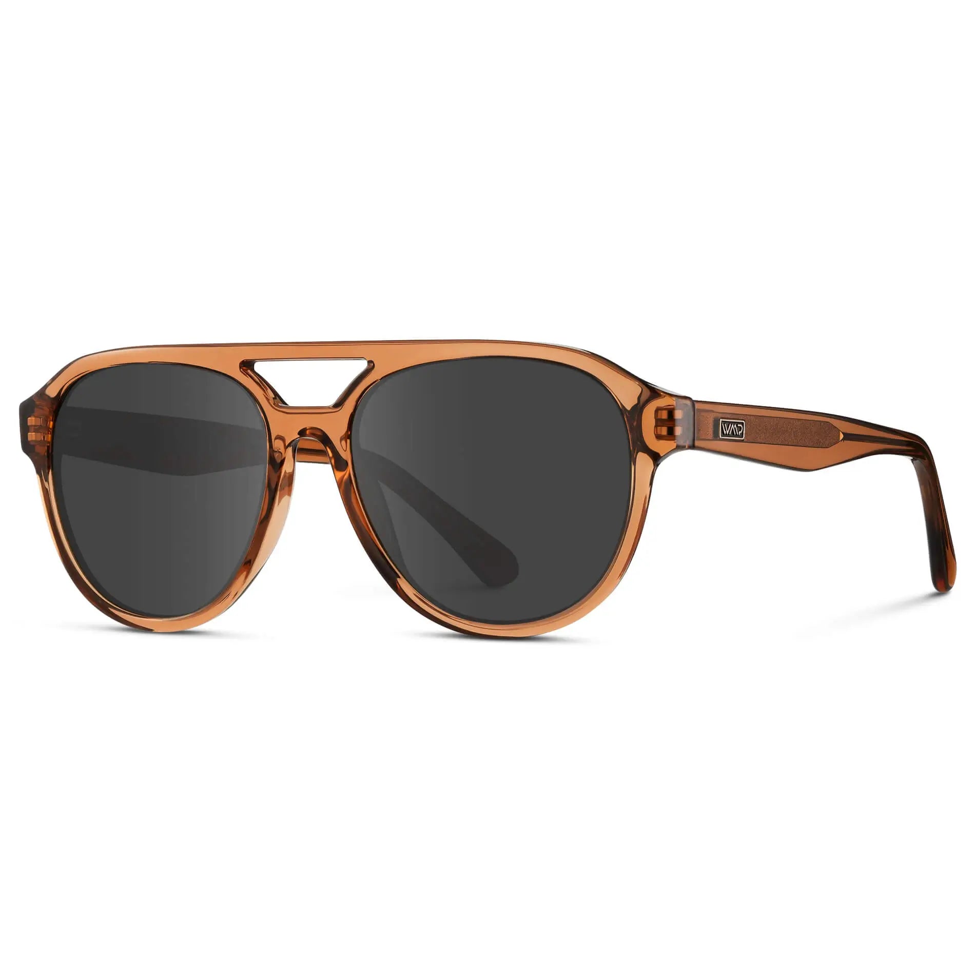 Crystal Copper / Grey || Side view of Men's Aviator Style Prescription Sunglasses with Brown Frame and Grey Prescription Lenses
