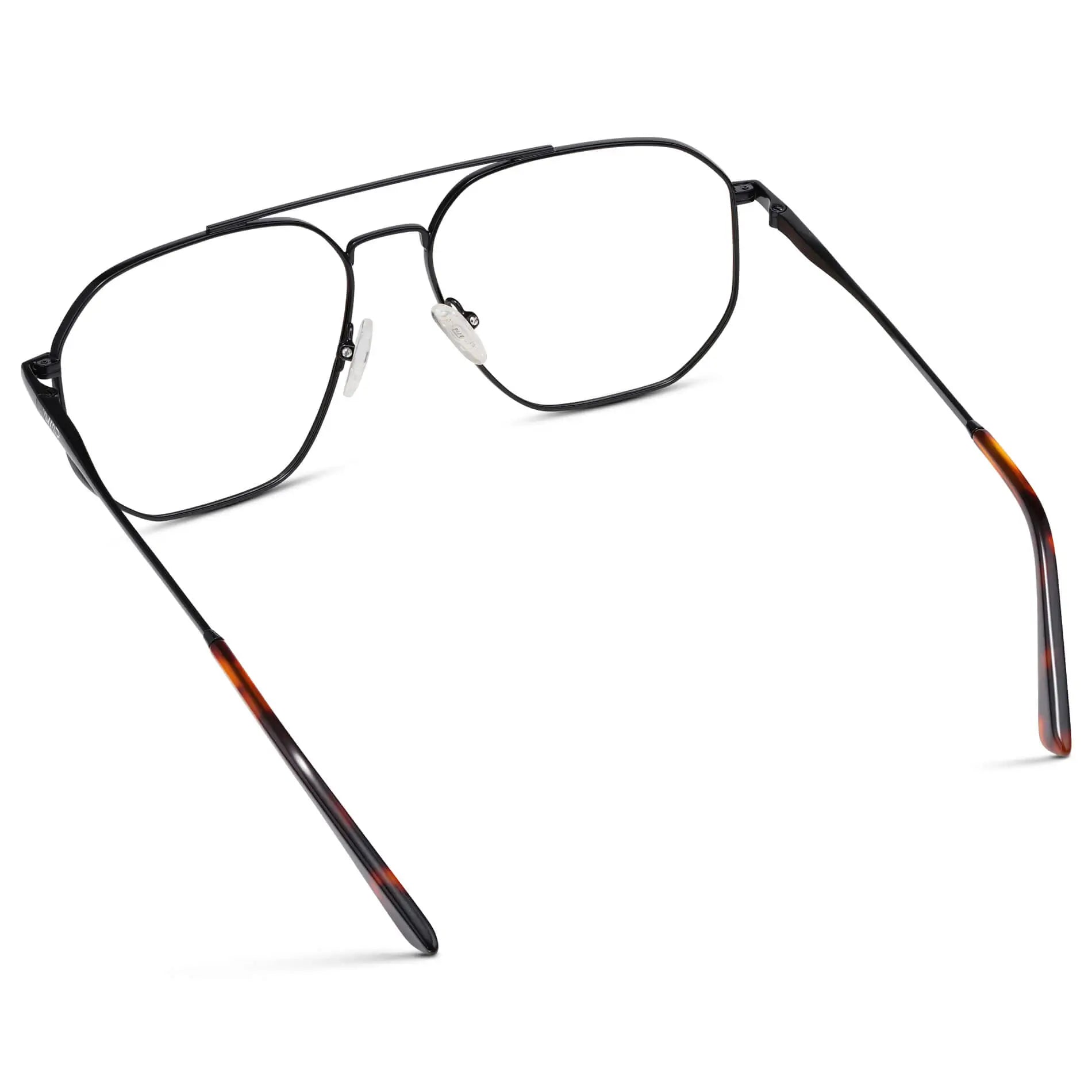 Black Carbon || Back view of Men's Double Bridge Aviator Prescription Glasses with Black Carbon Frames and Clear Lens on a white background