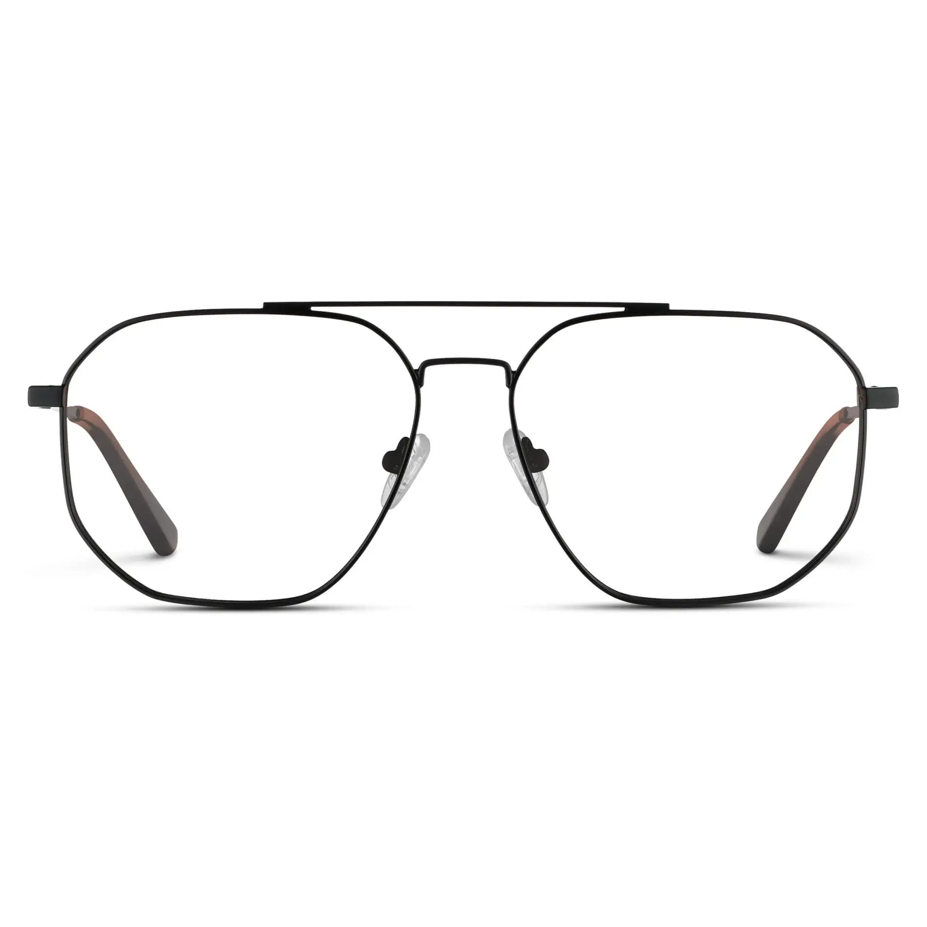 Black Carbon || Men's Double Bridge Aviator Prescription Glasses with Black Carbon Frames and Clear Lens on a white background