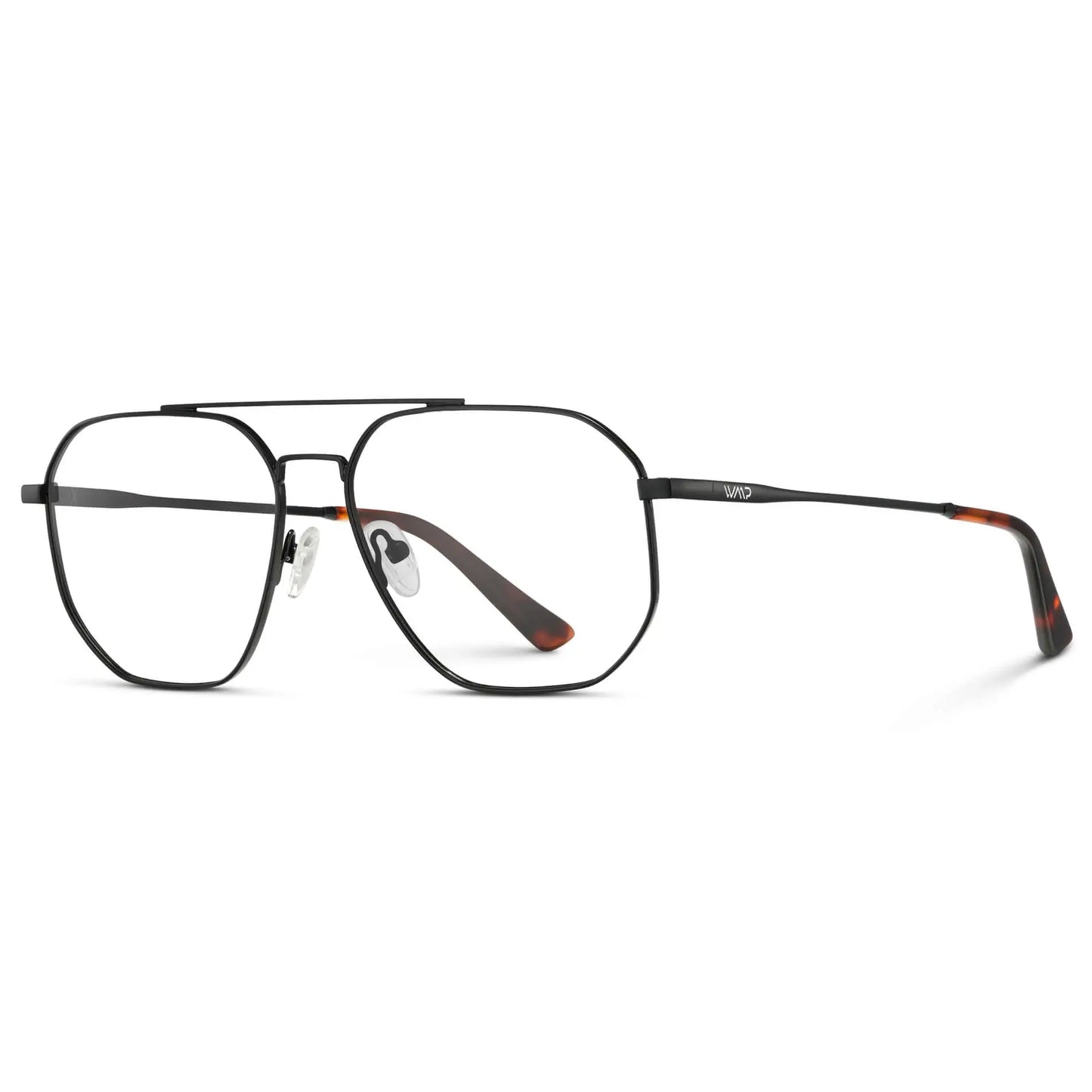 Black Carbon || Side view of Men's Double Bridge Aviator Prescription Glasses with Black Carbon Frames and Clear Lens on a white background