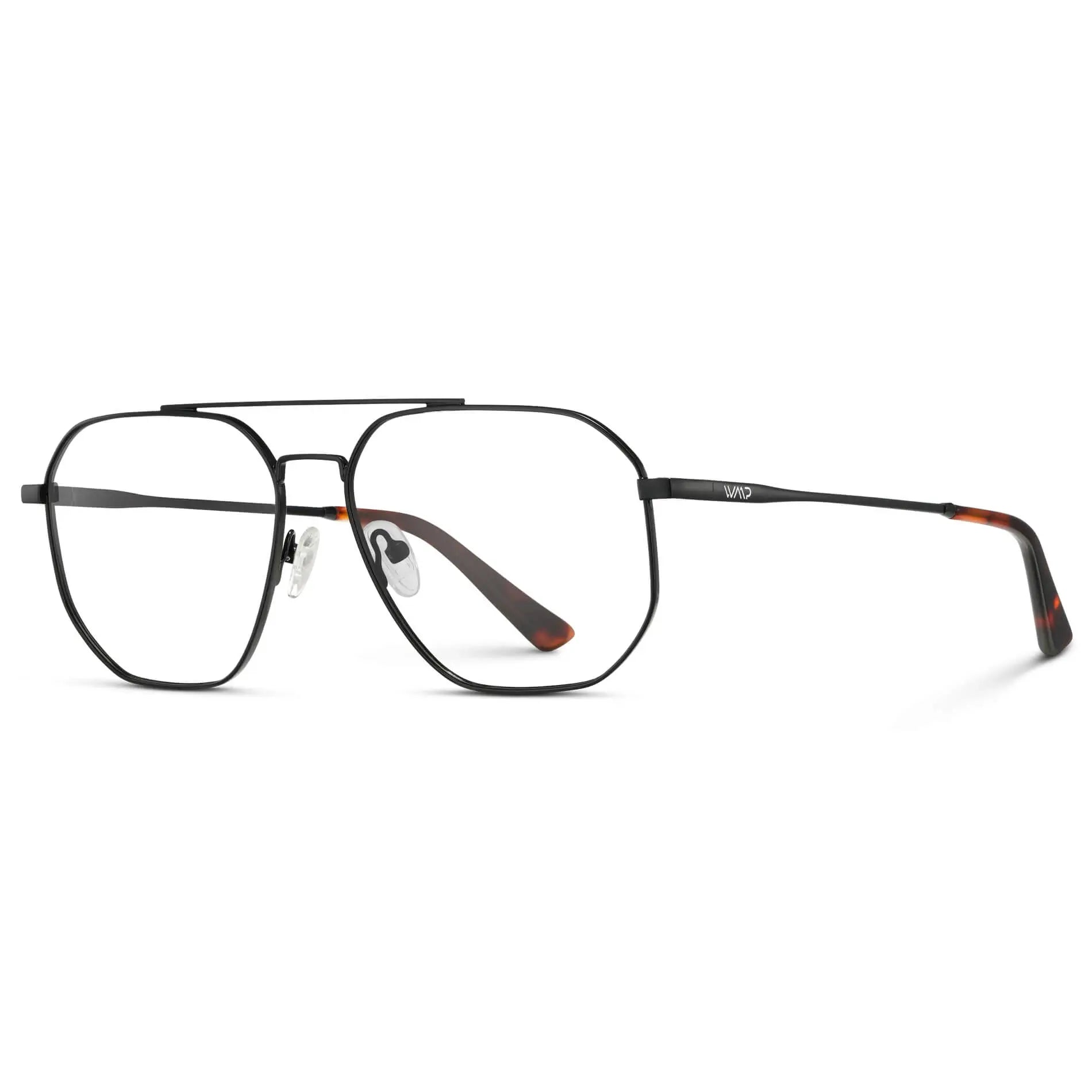 Black Carbon || Side view of Men's Double Bridge Aviator Prescription Glasses with Black Carbon Frames and Clear Lens on a white background