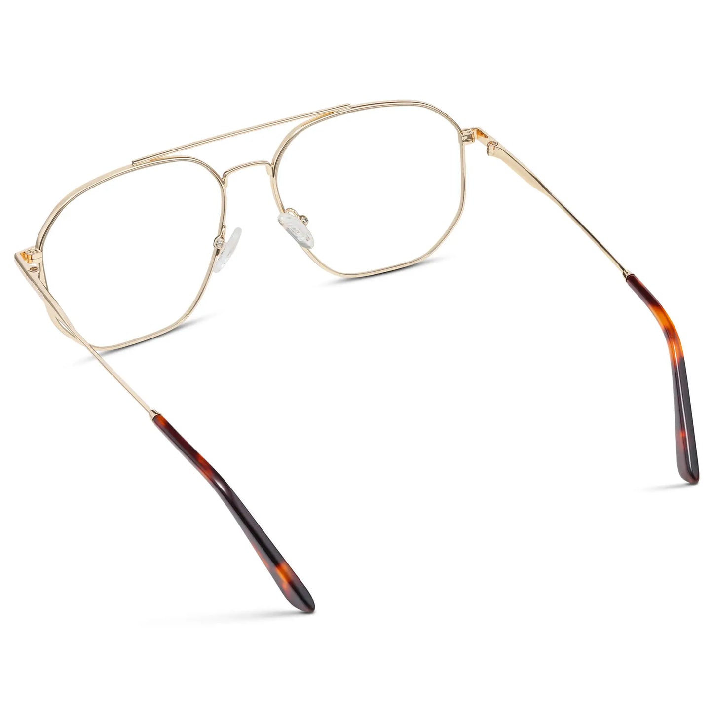 Gold || Back view of Men's Double Bridge Aviator Prescription Glasses with Gold Frames and Clear Lens on a white background