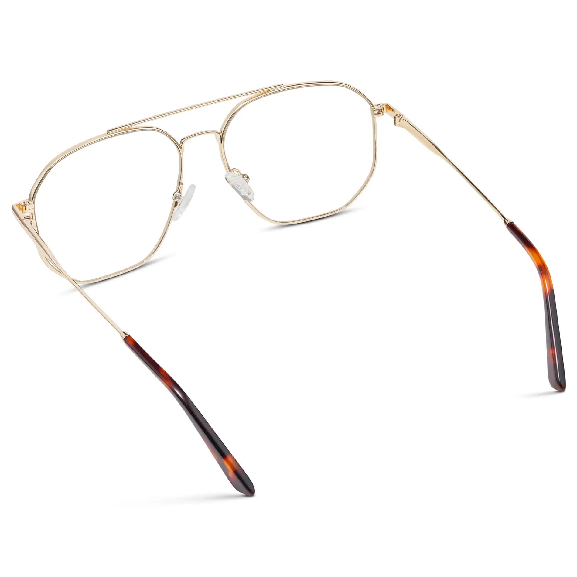 Gold || Back view of Men's Double Bridge Aviator Prescription Glasses with Gold Frames and Clear Lens on a white background