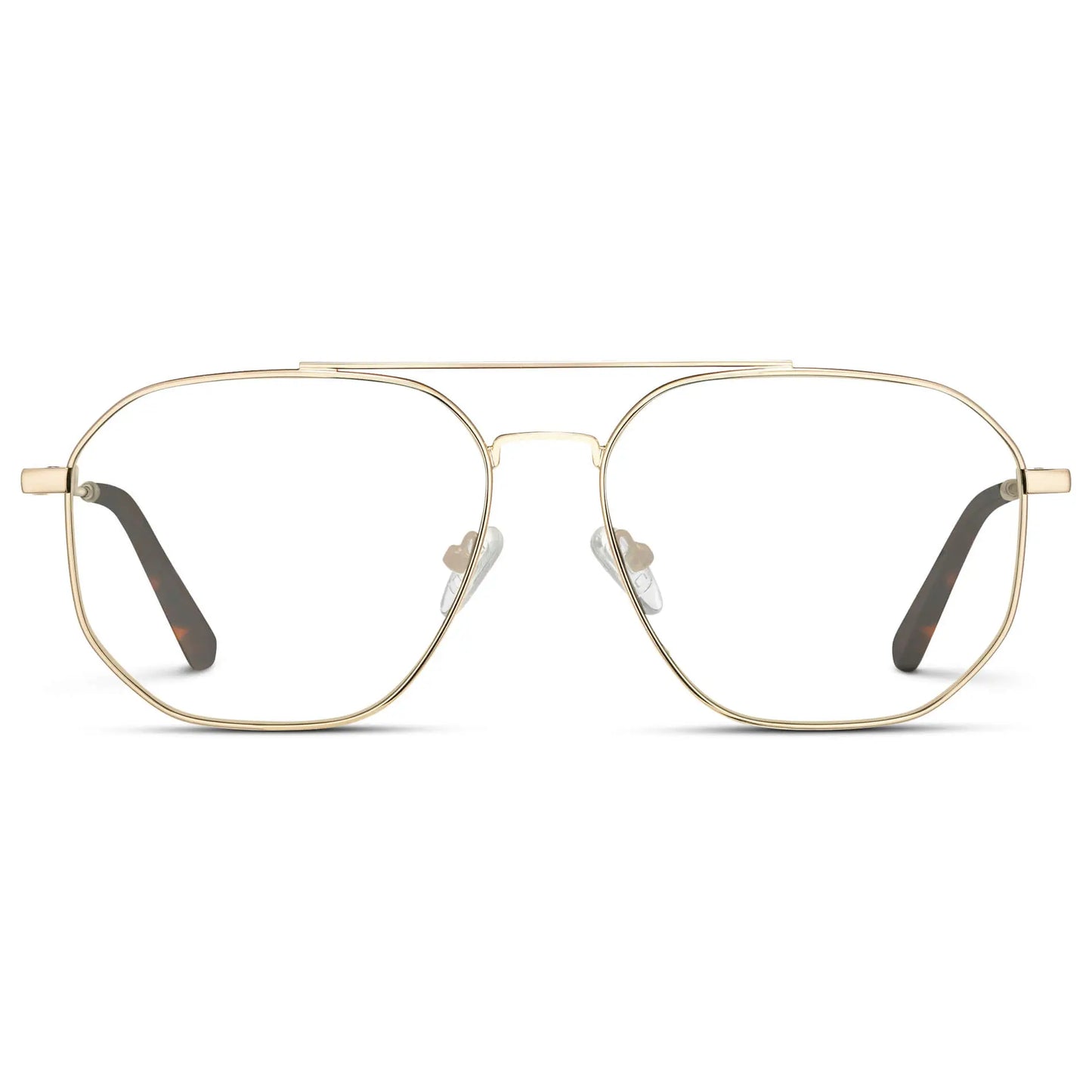 Gold || Men's Double Bridge Aviator Prescription Glasses with Gold Frames and Clear Lens on a white background