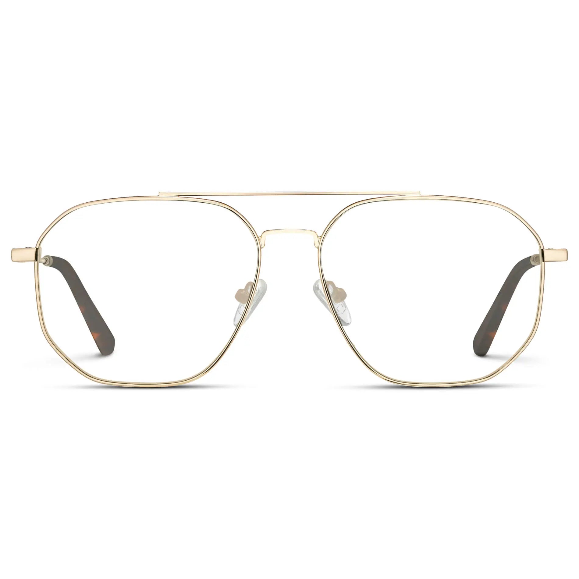 Gold || Men's Double Bridge Aviator Prescription Glasses with Gold Frames and Clear Lens on a white background