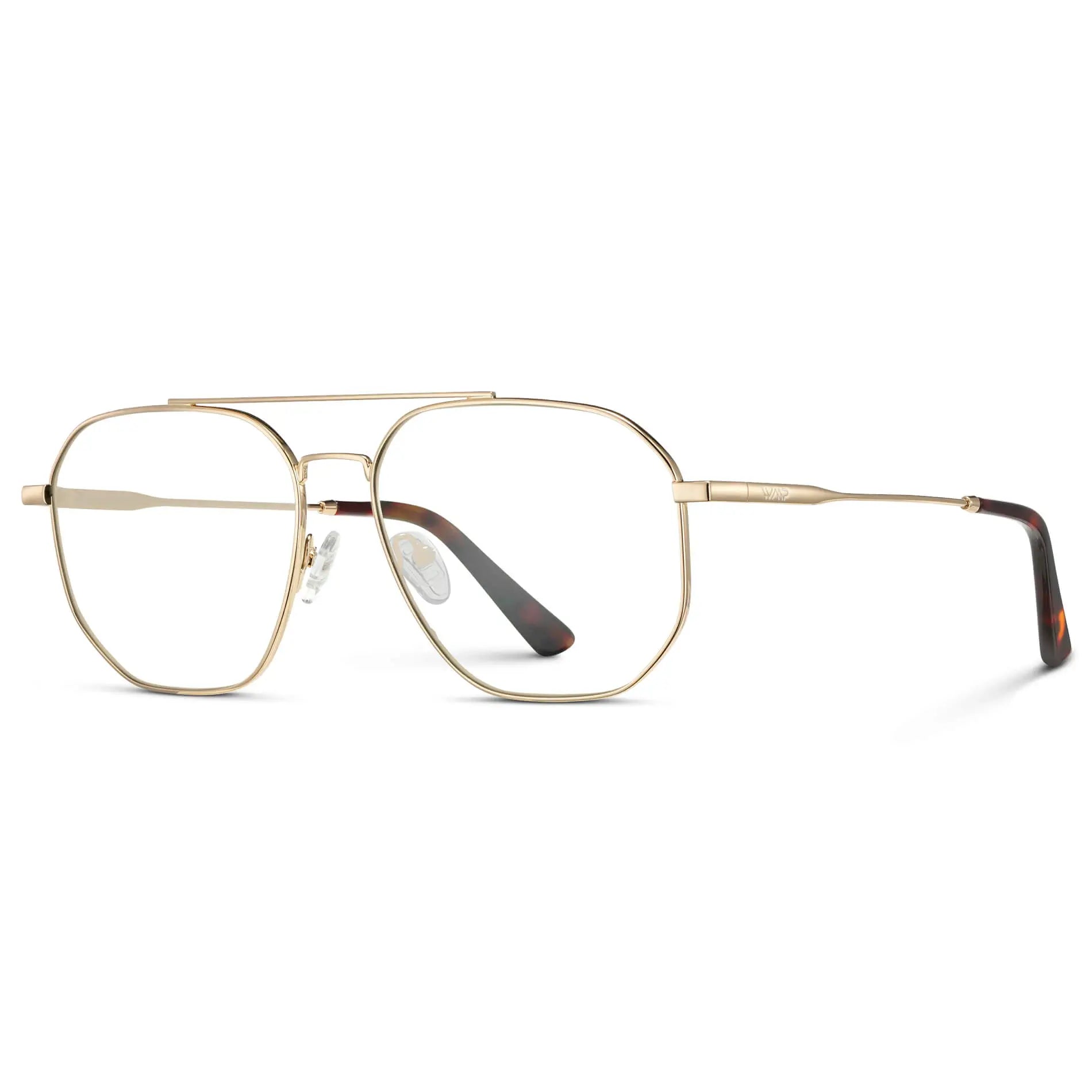 Gold || Side view of Men's Double Bridge Aviator Prescription Glasses with Gold Frames and Clear Lens on a white background
