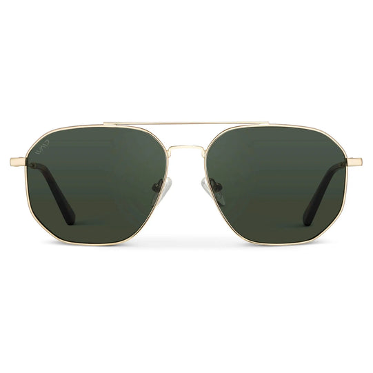 Gold / Smoke Green Lens || Men's Modern Double Bridge Aviator Sunglasses with Gold Frame and Green Polarized Lenses