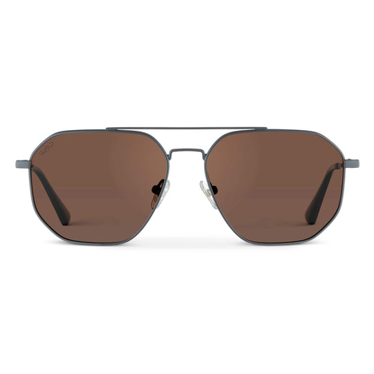 Matte Graphite / Brown Lens || Modern Double Bridge Aviator Sunglasses with Grey Frame and Brown Lenses