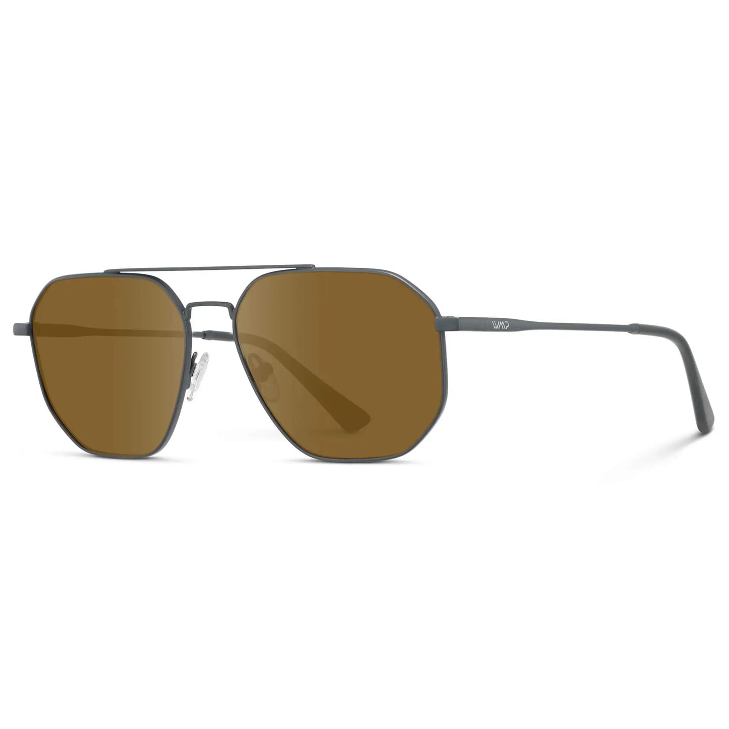 Matte Graphite / Amber || Side view of Men's Double Bridge Aviator Prescription Sunglasses with Matte Graphite Frame and Amber Lenses on a white background