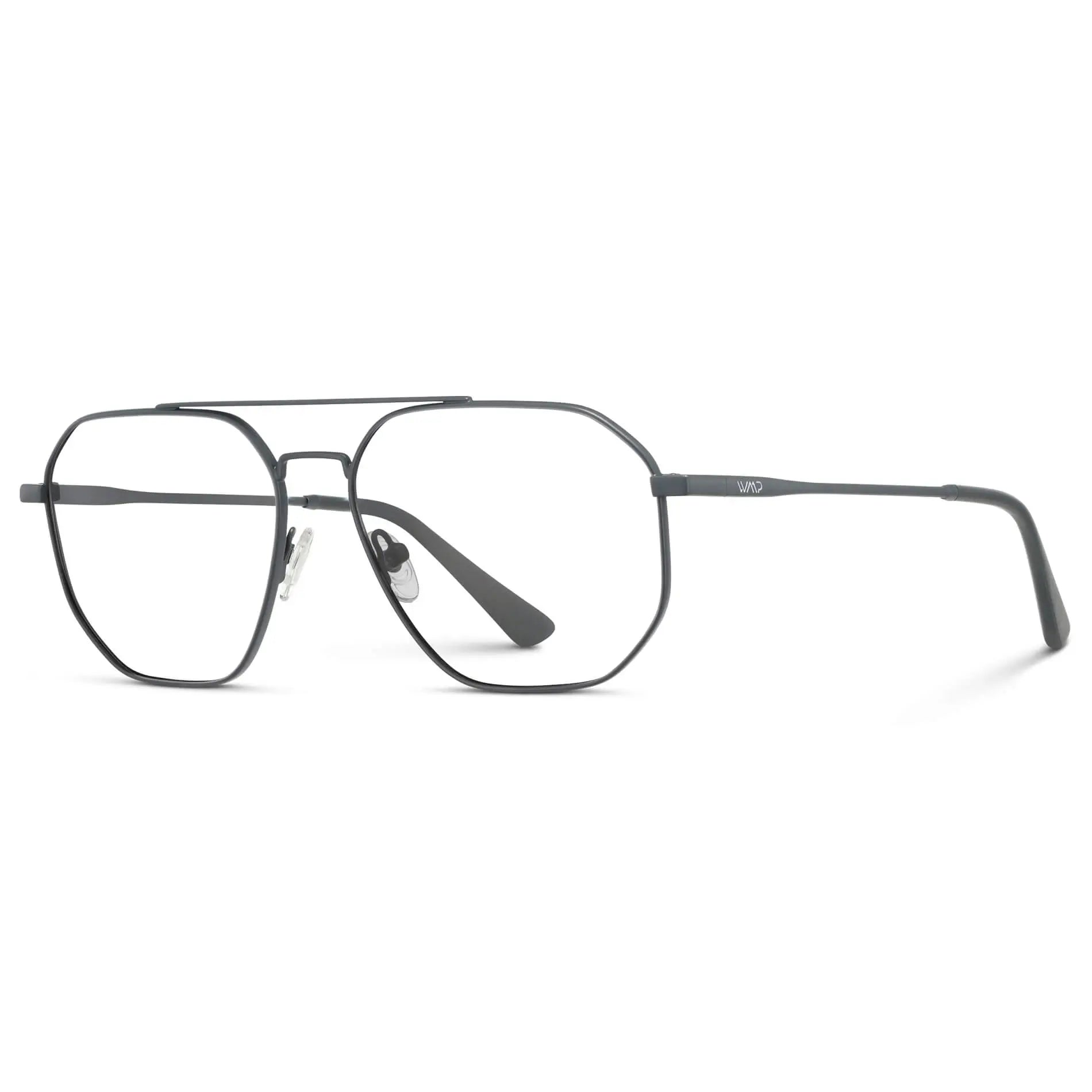 Matte Graphite || Side view of Men's Double Bridge Aviator Prescription Glasses with Matte Graphite Frames and Clear Lens on a white background