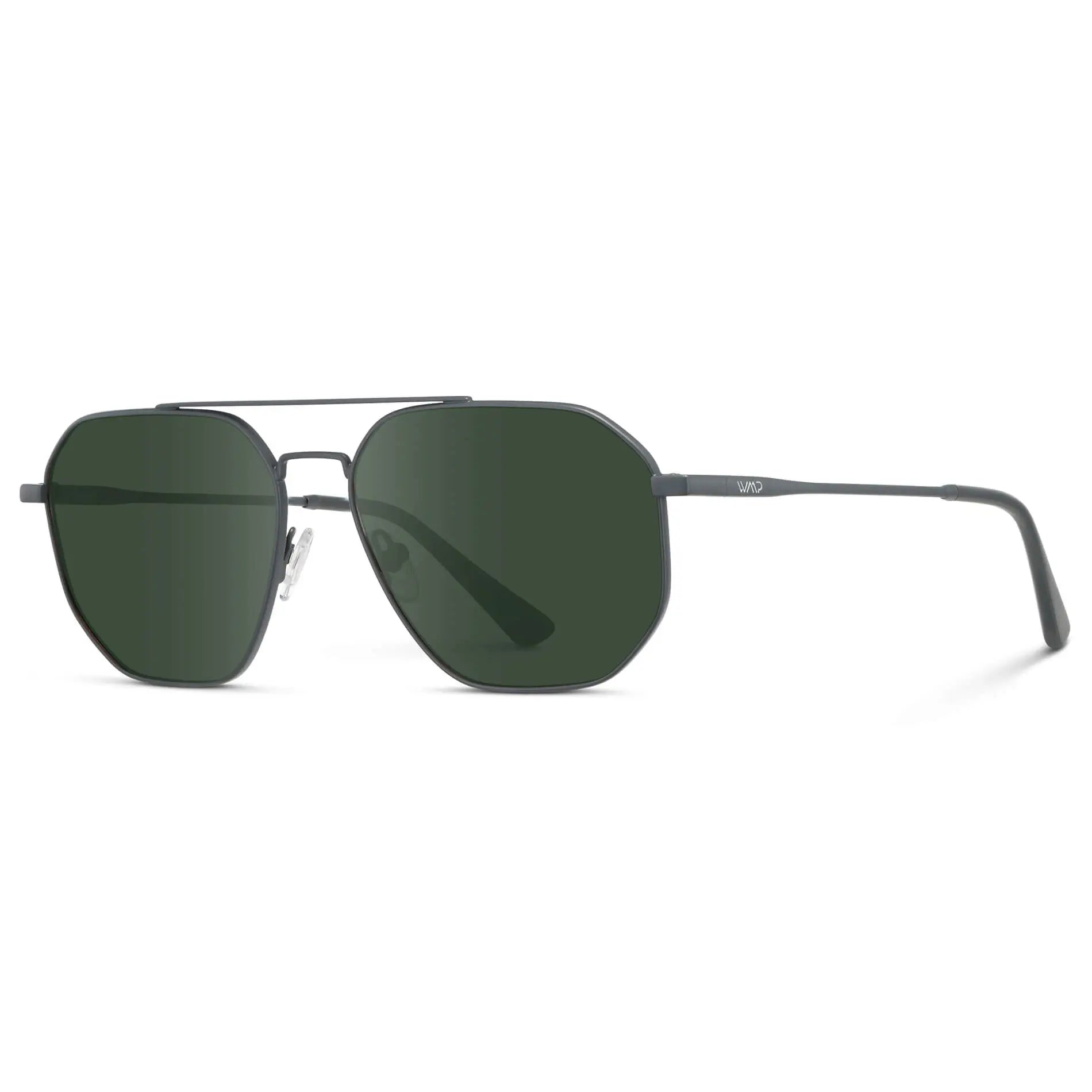 Matte Graphite / G15 || Side view of Men's Double Bridge Aviator Prescription Sunglasses with Matte Graphite Frame and Green Lenses on a white background