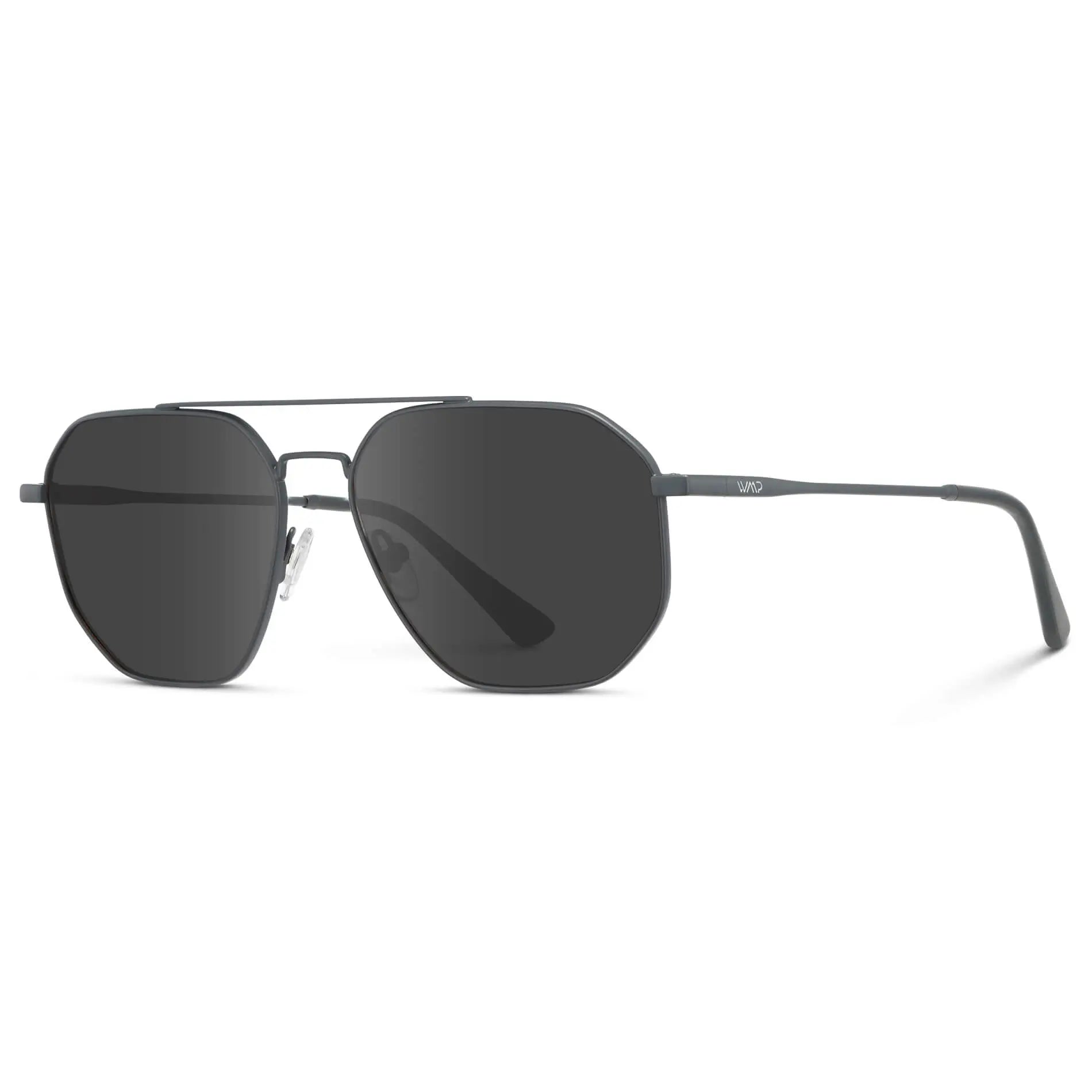 Matte Graphite / Grey || Side view of Men's Double Bridge Aviator Prescription Sunglasses with Matte Graphite Frame and Grey Lenses on a white background