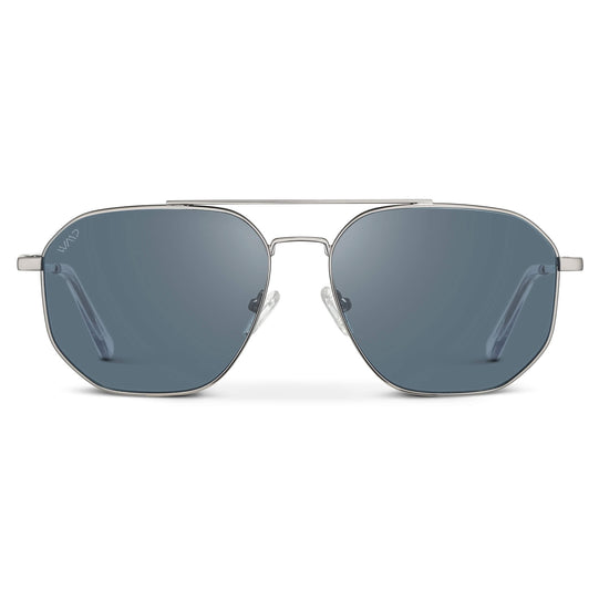 Silver / Slate Blue Lens || Modern Double Bridge Aviator Sunglasses with Silver Frame and Blue Lenses