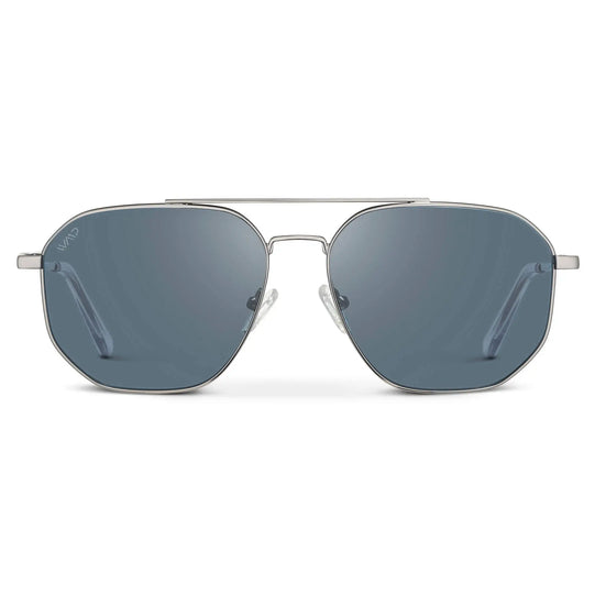 Silver / Slate Blue Lens || Men's Modern Double Bridge Aviator Sunglasses with Silver Frame and Blue Polarized Lenses