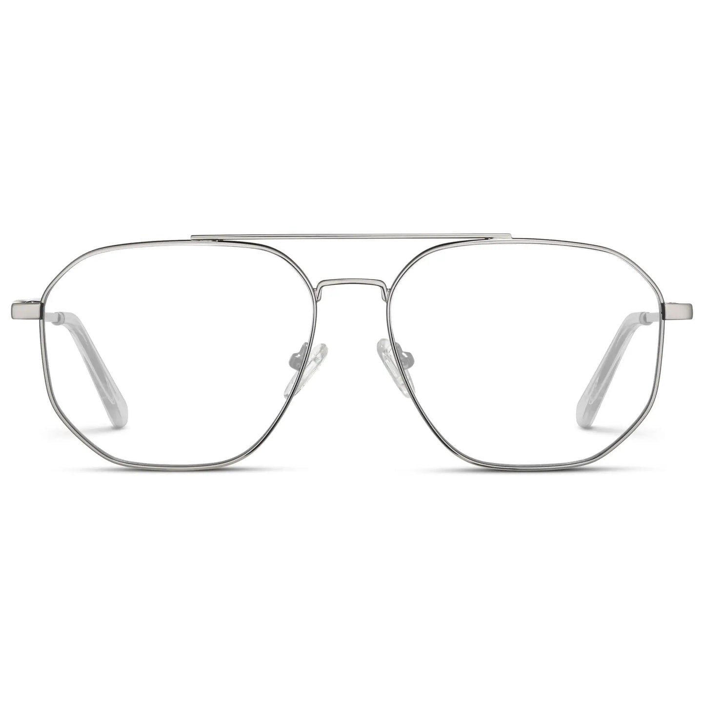 Silver || Men's Double Bridge Aviator Prescription Glasses with Silver Frames and Clear Lens on a white background