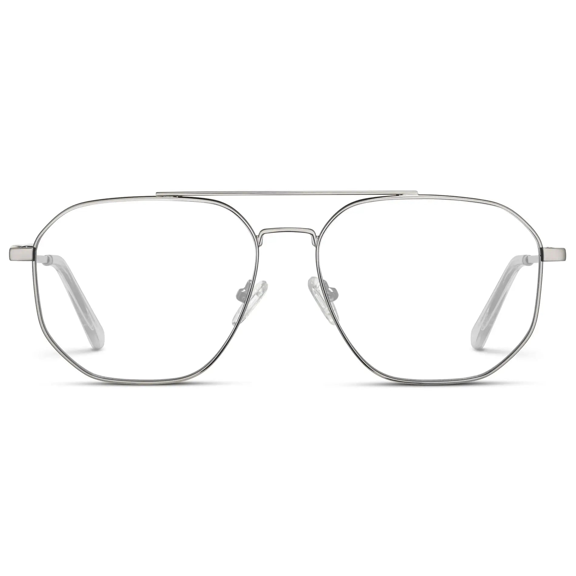 Silver || Men's Double Bridge Aviator Prescription Glasses with Silver Frames and Clear Lens on a white background
