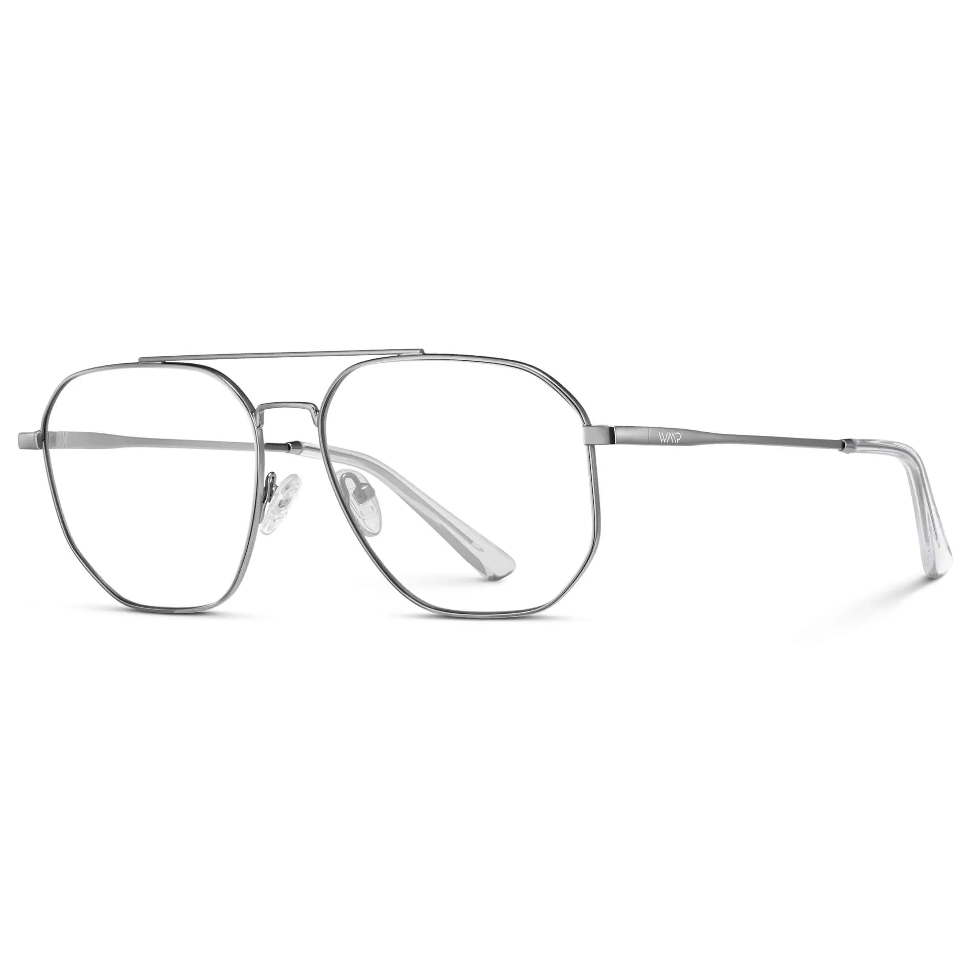 Silver || Side view of Men's Double Bridge Aviator Prescription Glasses with Silver Frames and Clear Lens on a white background