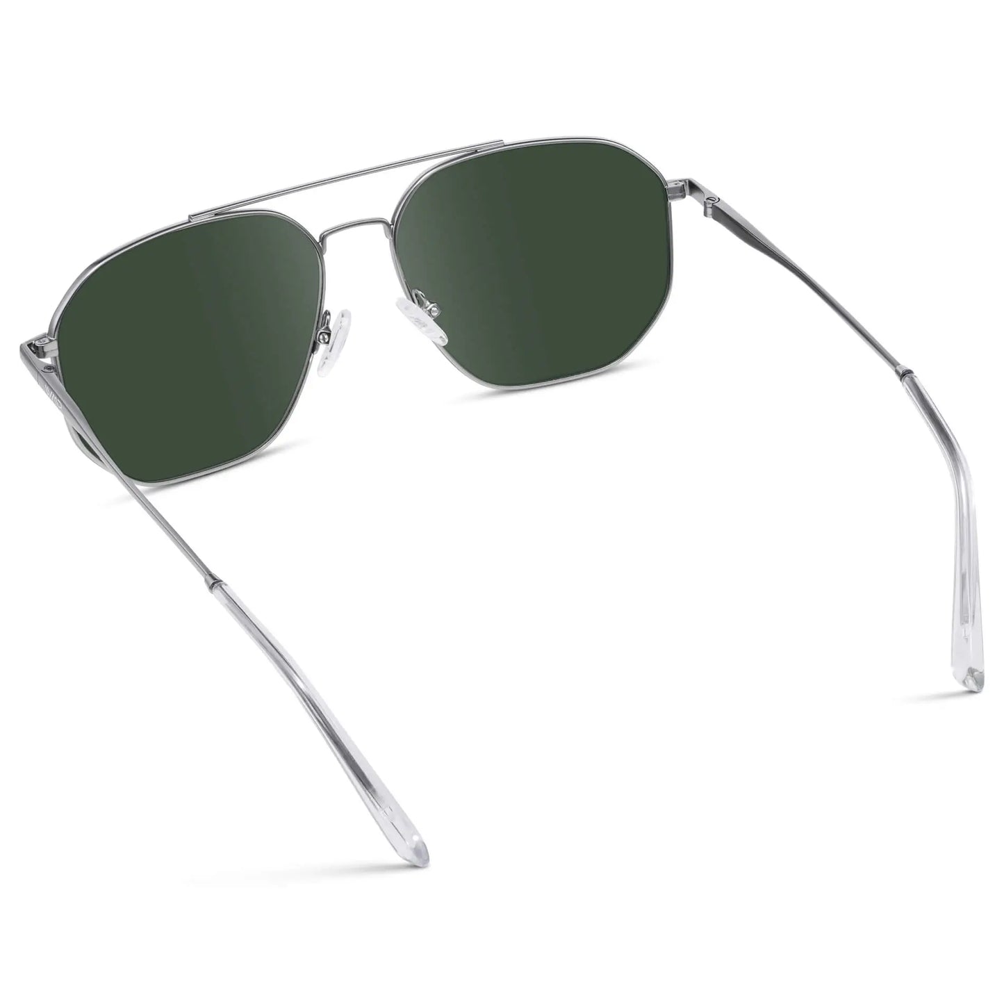 Silver / G15 || Back view of Men's Double Bridge Aviator Prescription Sunglasses with Silver Frame and Green Lenses on a white background