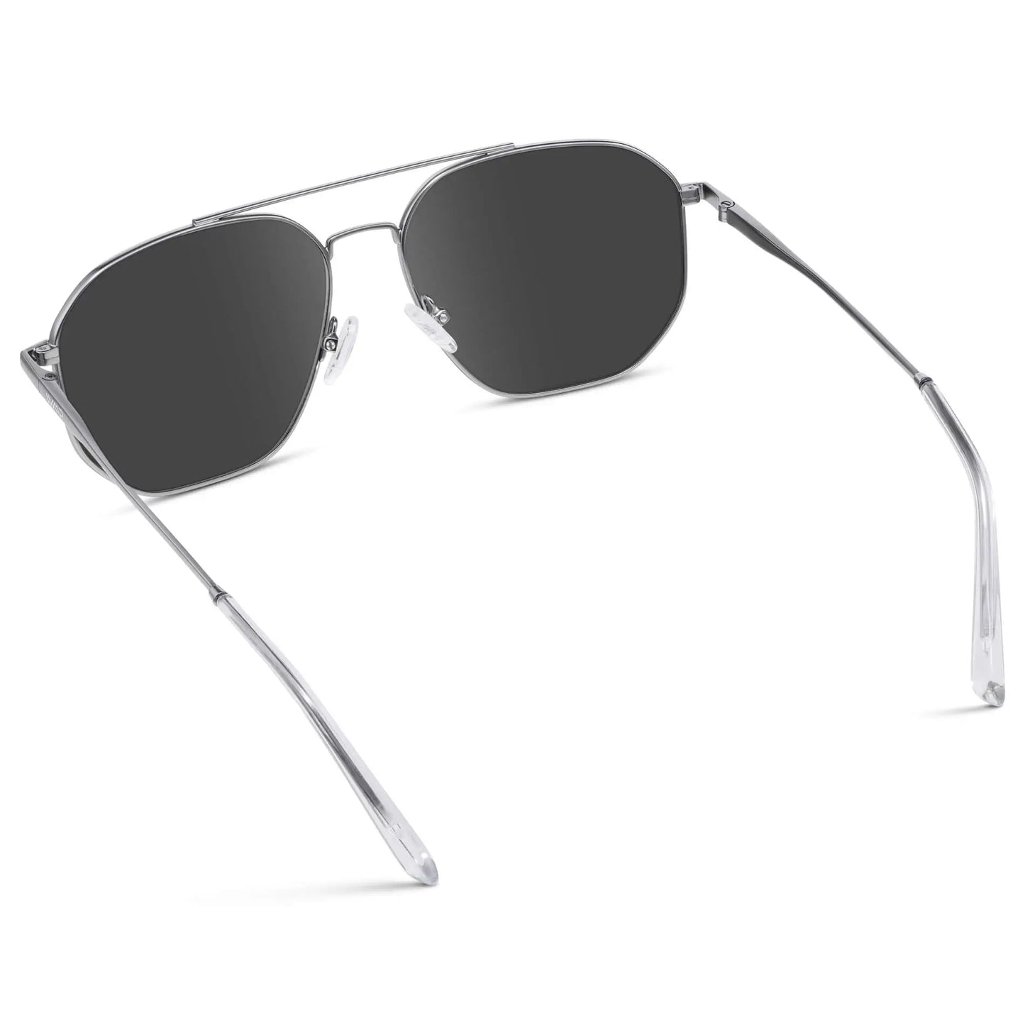 Silver / Grey || Back view of Men's Double Bridge Aviator Prescription Sunglasses with Silver Frame and Grey Lenses on a white background