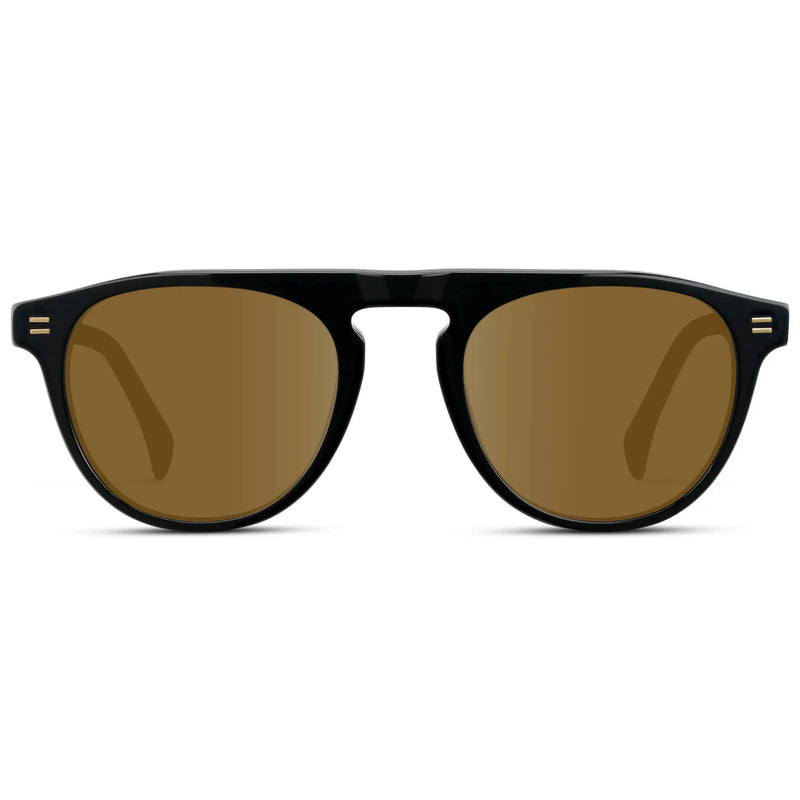 Black / Amber || Men's Rounded Aviator-Inspired Prescription Sunglasses with Black Acetate Frame and Brown Prescription Lens