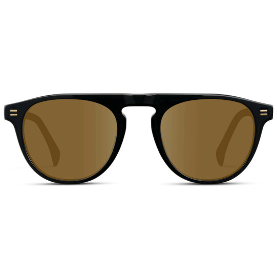 Black / Amber || Men's Rounded Aviator-Inspired Prescription Sunglasses with Black Acetate Frame and Brown Prescription Lens